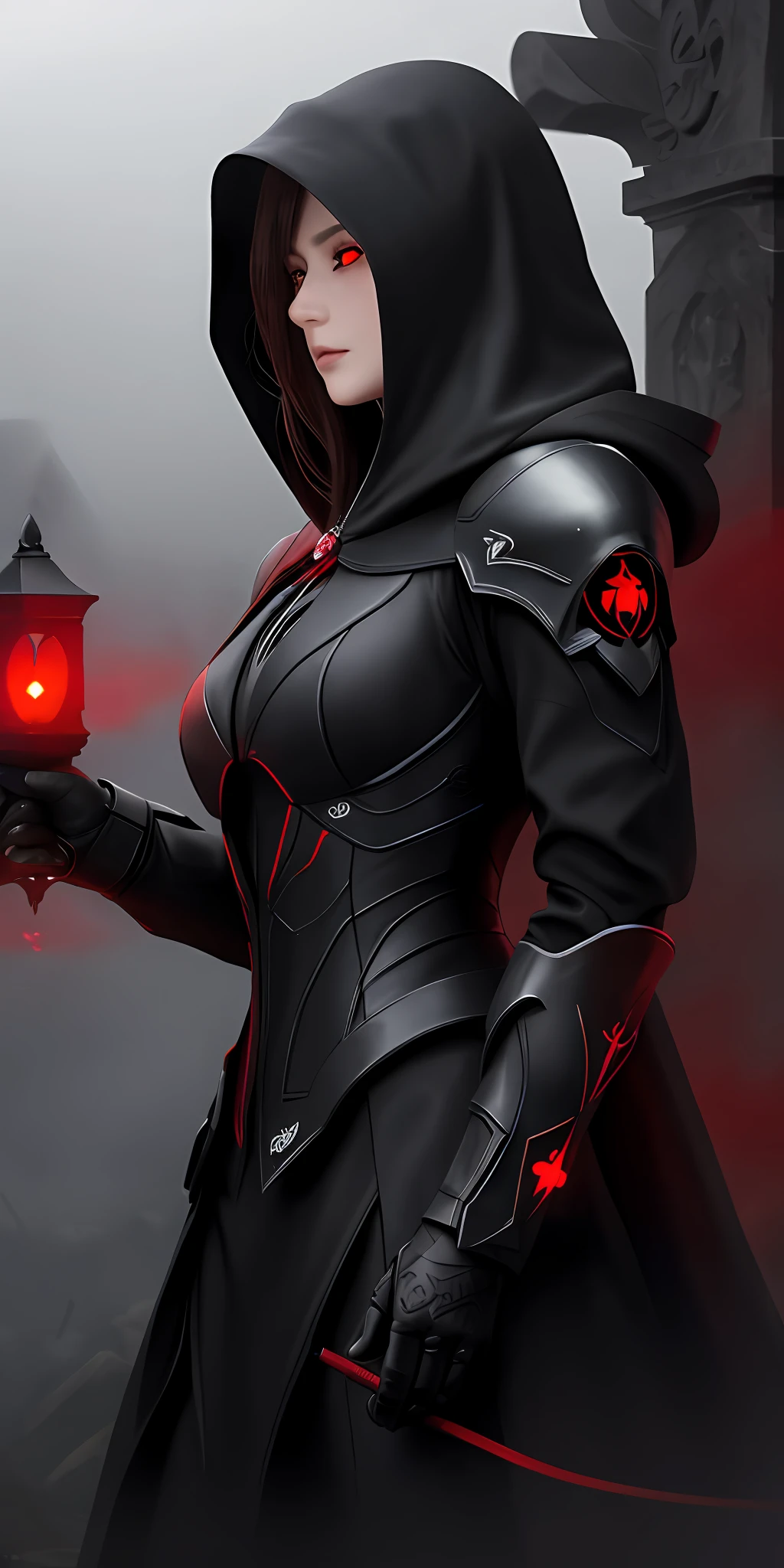 (16k, masterpiece, best quality), ultra-detailed, detailed beautiful round eyes, beautifully detailed face, high quality, high resolution, perfect anatomy, (a reaper appeared from the fog), in the darkness of the night, darkness, reaper hood, red eyes, evil, an evil face, graveyard background, varied pose, looking into the distance, side view, reaper, holding ((schyte)), schyte weapon