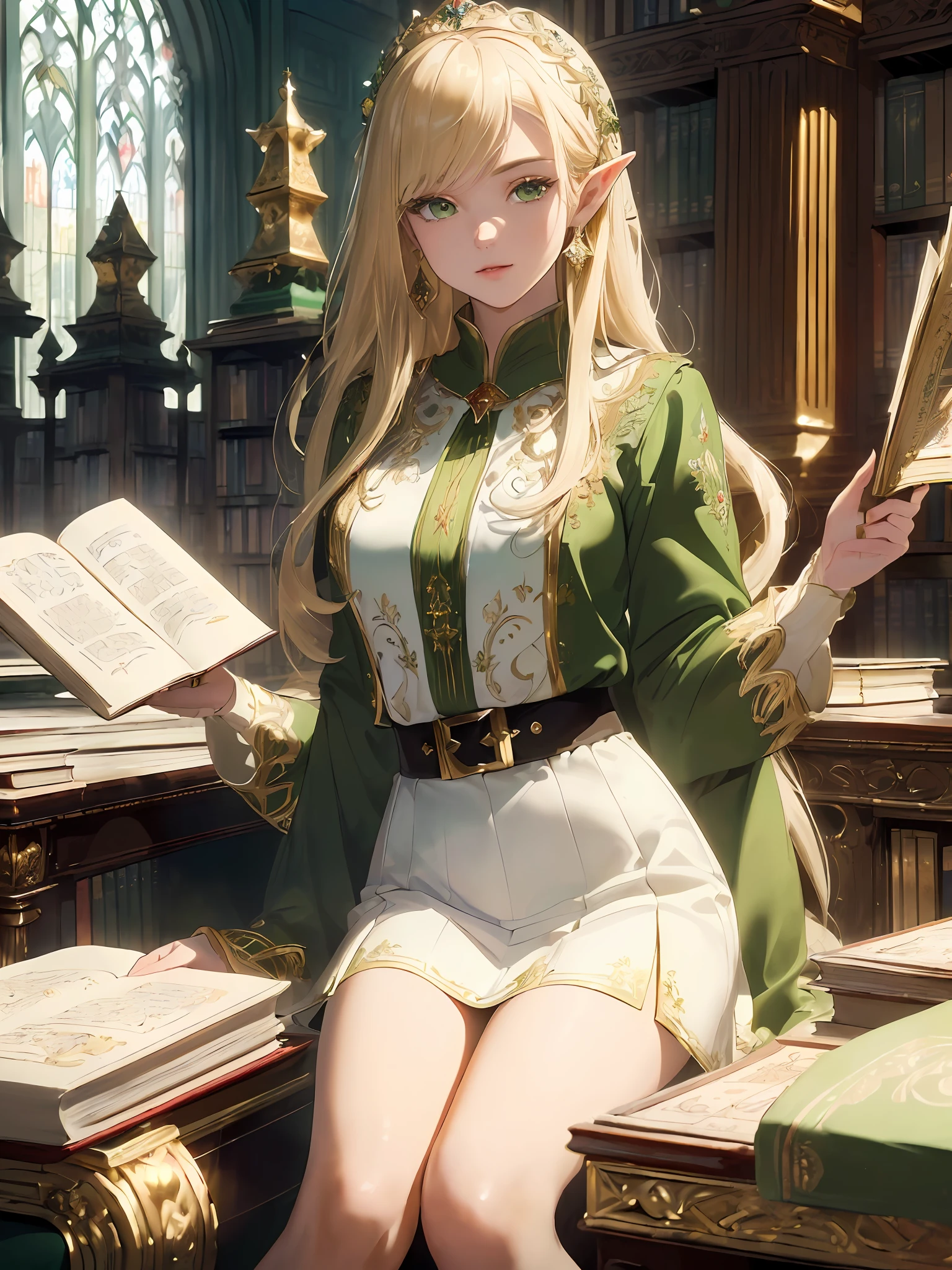 (((Masterpiece, highest quality, high definition, high detail)))), one, ((fantasy)))), (elf woman)))), (white short skirt with gold embroidery), (blonde long straight hair), (glossy dark green eyes), (green surcoat with gold embroidery), big, (((National Library of the royal capital)), (A large space with a lot of books)), sit in a chair and read a book , Particles of light flying