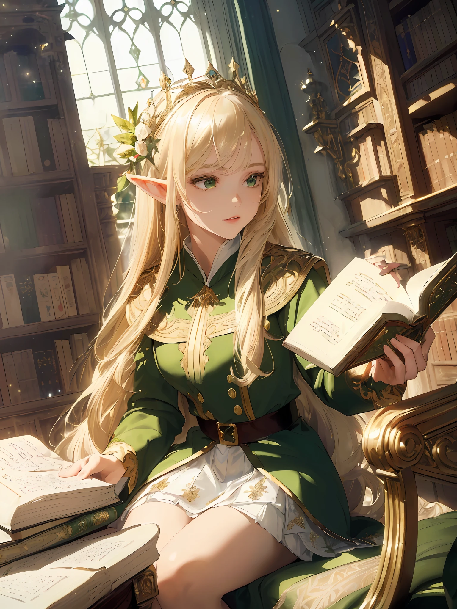 (((Masterpiece, highest quality, high definition, high detail)))), one, ((fantasy)))), (elf woman)))), (white short skirt with gold embroidery), (blonde long straight hair), (glossy dark green eyes), (green surcoat with gold embroidery), big, (((National Library of the royal capital)), (A large space with a lot of books)), sit in a chair and read a book , Particles of light flying
