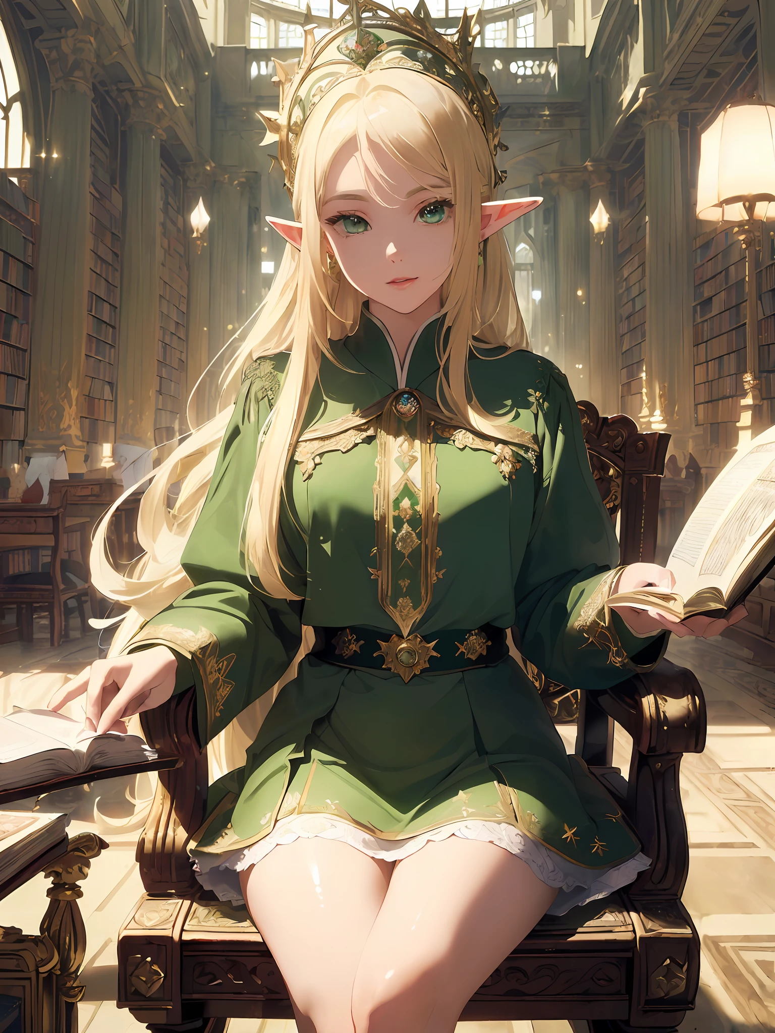 (((Masterpiece, highest quality, high definition, high detail)))), one, ((fantasy)))), (elf woman)))), (white short skirt with gold embroidery), (blonde long straight hair), (glossy dark green eyes), (green surcoat with gold embroidery), big, (((National Library of the royal capital)), (A large space with a lot of books)), sit in a chair and read a book , Particles of light flying