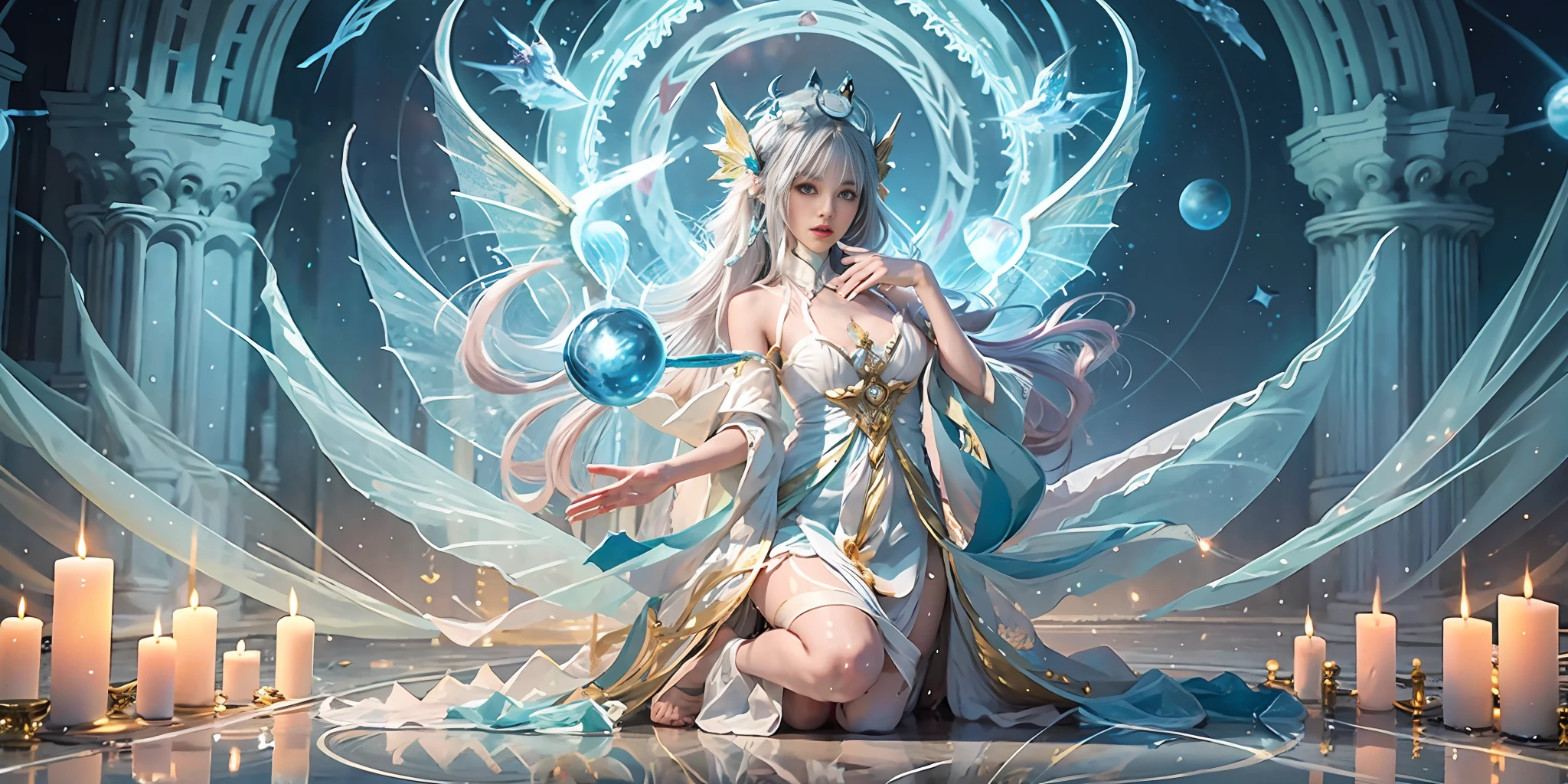 Close-up of women in costumes on stage, full body fairy, beautiful celestial mage, amazing young ethereal characters, beautiful fantasy queen, astral witch costume, sand stream, flowing magic robe, white Hanfu, fairy fantasy, beauty Delfin, ethereal fantasy, elegant and charming cosplay, Hirase Jinyao, half lying underground, charming, very funny, a sports car, night punk oriental architecture! Lots of neon