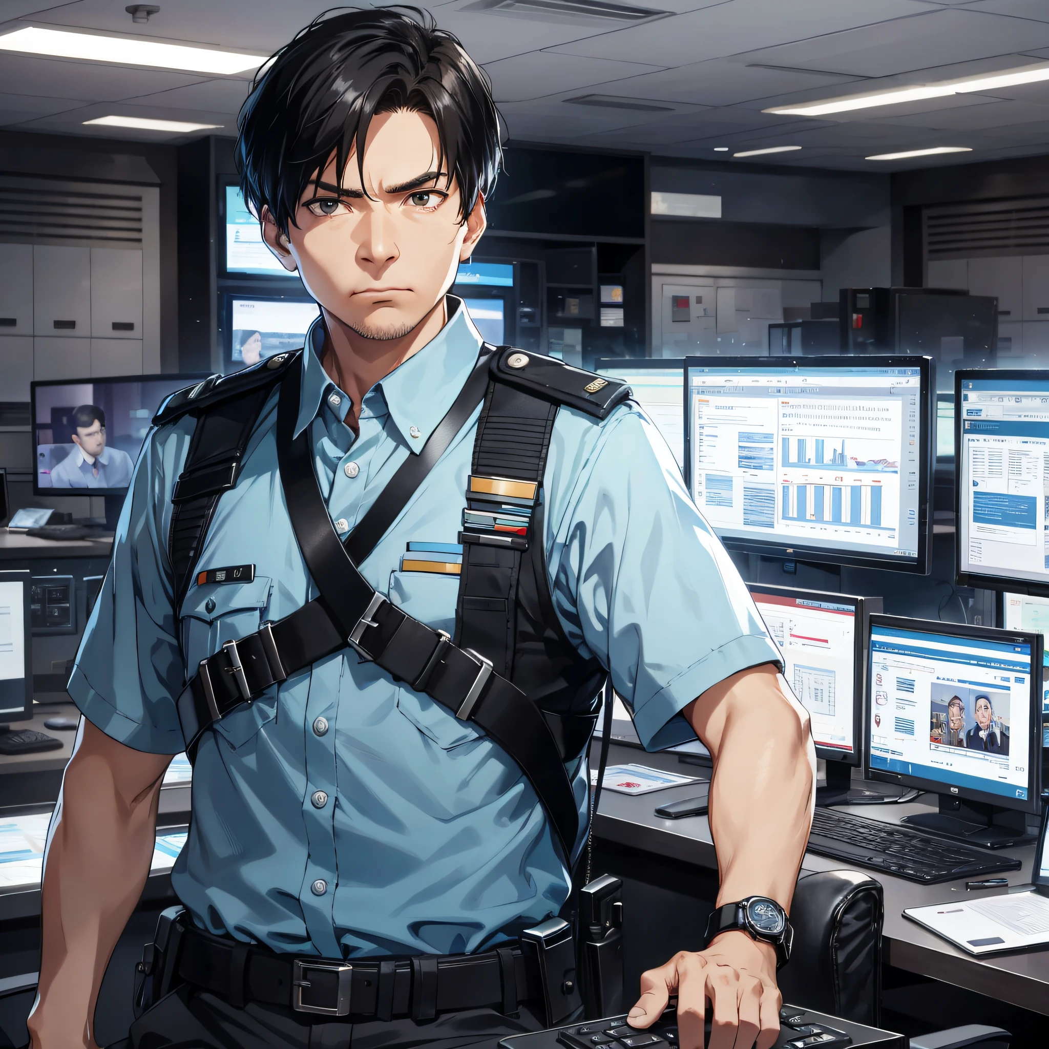 Middle-aged man with short black hair in officer uniform, with many screens in the headquarters in the background, a tense and serious expression