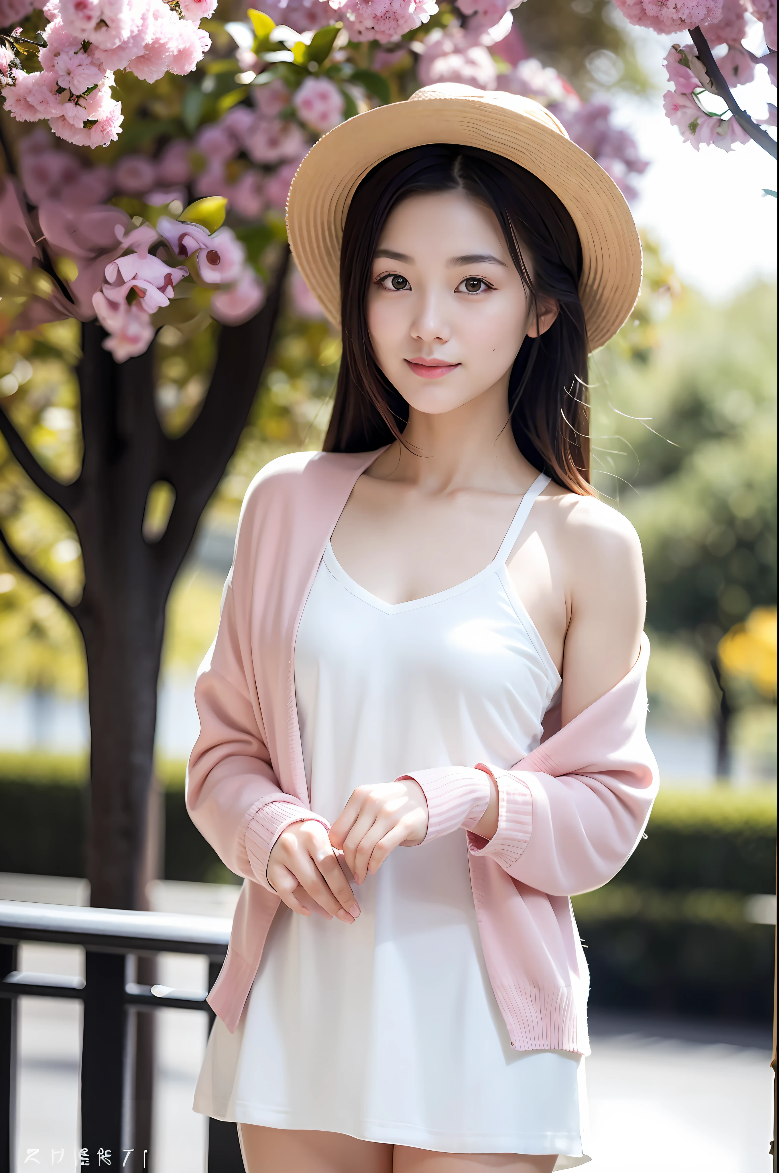 Gentle and pleasant Chinese beautiful woman, happy smile, upper body photo, delicate and sexy collarbone, charming oval face, double eyelids, vivid peach blossom eyes, pink lips, small nose, bare shoulders, focused face, close-up face , ultra-high-definition, super-detailed, elegant standing posture, a white short dress, plus a thin yellow cardigan jacket, showing a small and fresh atmosphere of literature and art. Put on a jazz hat and go out on the street, very fashionable.