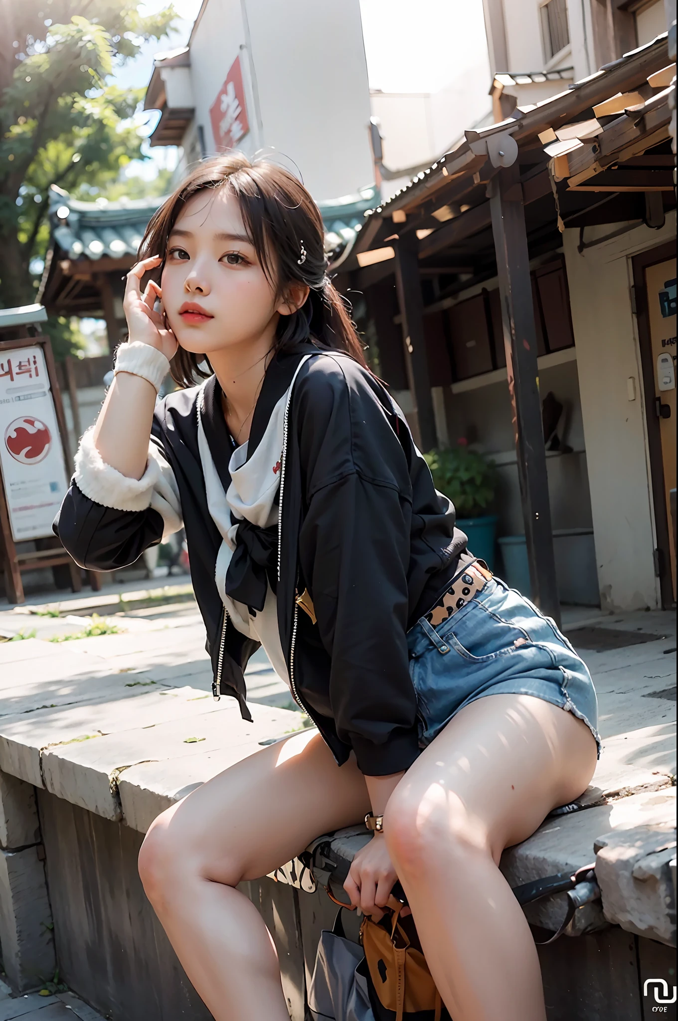 arafed woman sitting on a wall talking on a cell phone, casual pose, wearing casual clothes, young asian girl, xision wu, casual clothing, xintong chen, casual clothes, photo taken with canon 5d, gorgeous young korean woman, korean girl, hot with shining sun, low perspective, young and cute girl, beautiful young korean woman