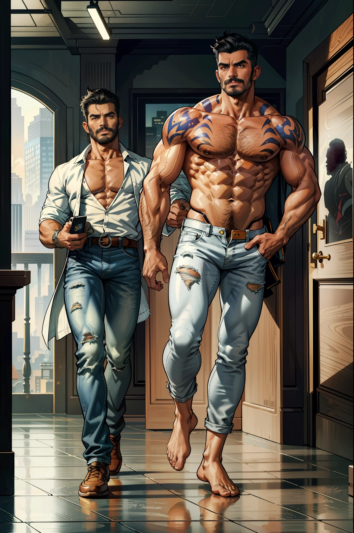 (original-art:1.2),(lineart:1.33), 1male, black hair, 1950s greaser, mature masculine muscular, handsome chisled facial features, muscular hairy body, 70s mustache, unbuttoned ripped white shirt, open shirt, un-zipped jeans, opened pants, pubic hair, huge crotch bulge, sexy, hot, jock, erotic, (hyperdefined),(inked-art), hero-angle, masculine stance, erotica, full body shot, cartoon, indoor, dramatic lighting, sidelighting,complex lighting,(full vibrant colors),hatched-texture,(fine-details:1.2),absurdres,flat-colors,ultradetailed, city street,