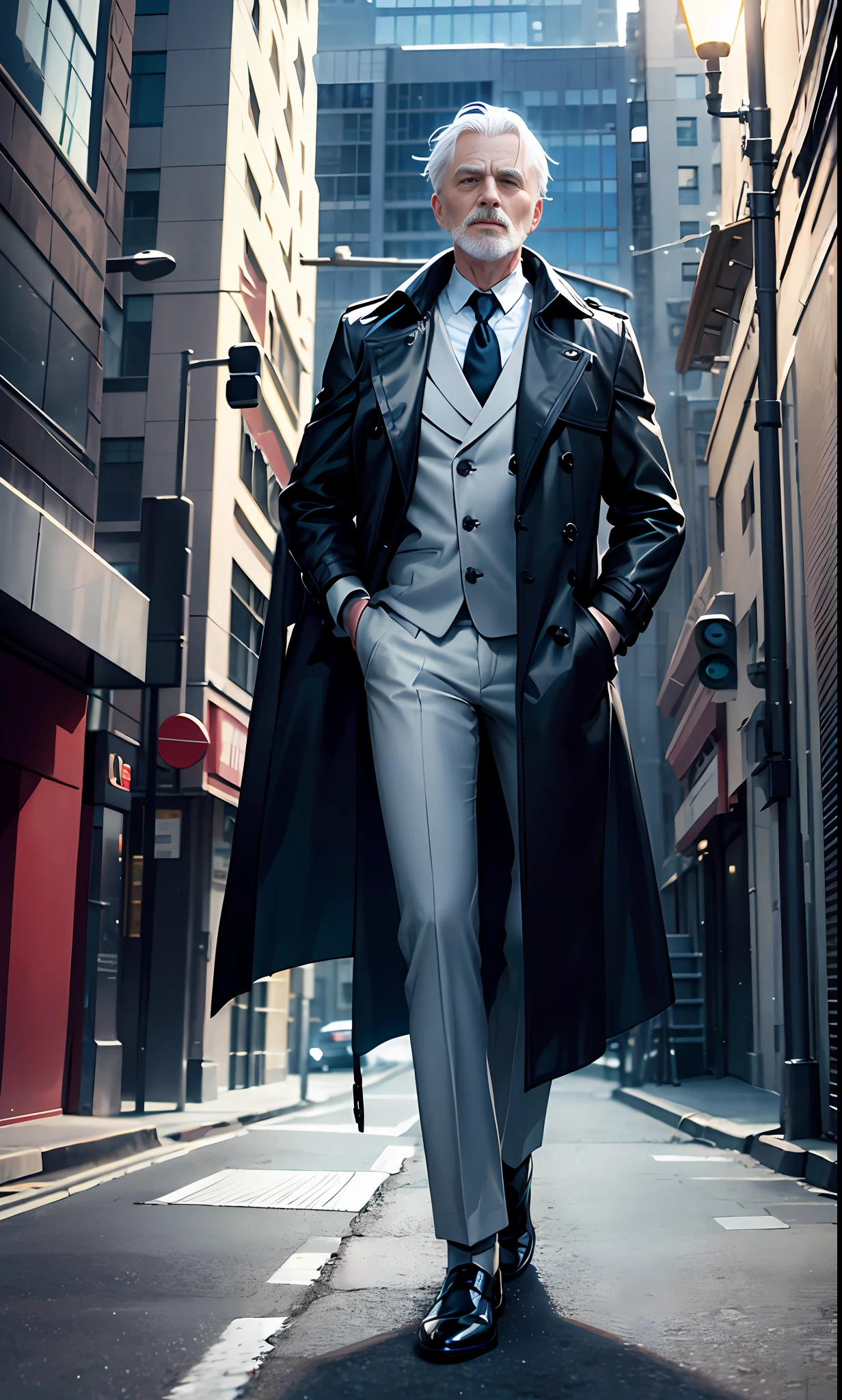 (white-haired old man, (wearing handsome suit + trench coat: 1.2), short white hair, very domineering, 3D rendering, movie lighting, movie special effects), background city street, clear HD, 8K resolution, very detailed, digital painting, concept art, Shinkai Makoto style, pop popularization trend, pop, pop trend, pop trend.