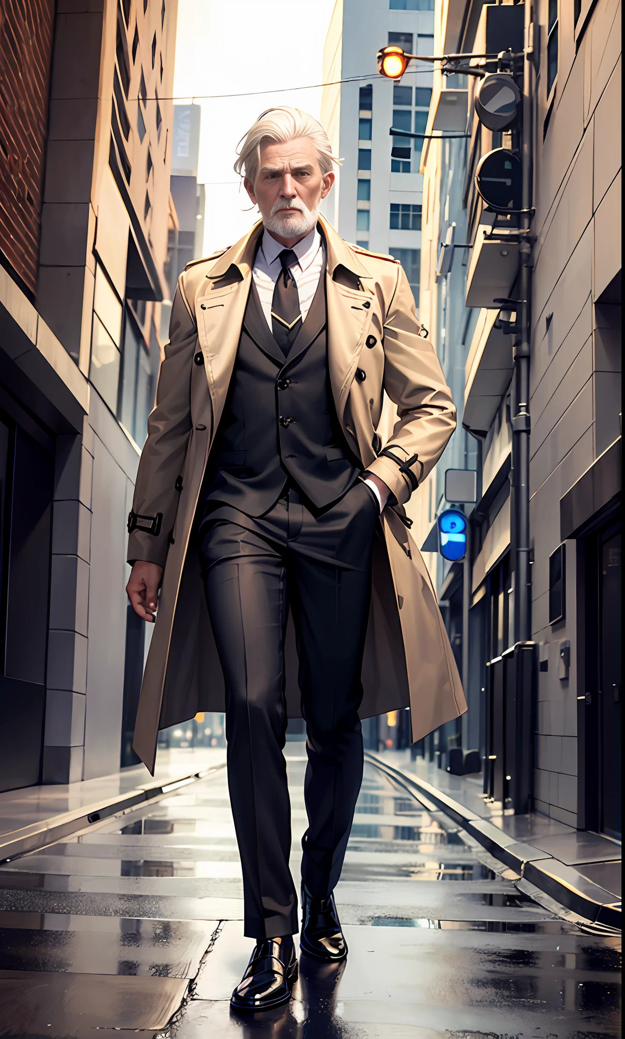 (white-haired old man, (wearing handsome suit + trench coat: 1.2), short white hair, very domineering, 3D rendering, movie lighting, movie special effects), background city street, clear HD, 8K resolution, very detailed, digital painting, concept art, Shinkai Makoto style, pop popularization trend, pop, pop trend, pop trend.