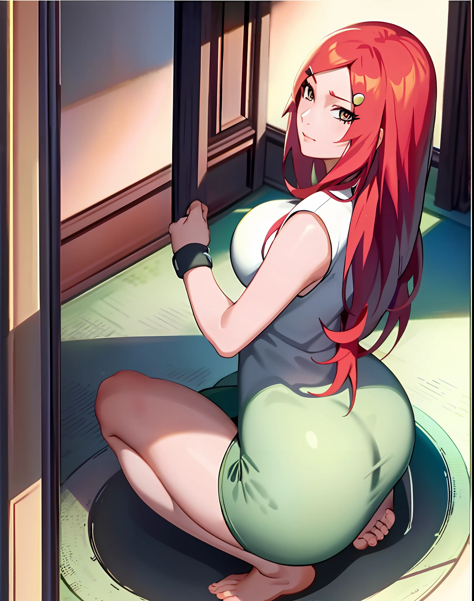 Kushina Uzumaki,1 girl, solo, beautiful, thicc thighs,big butt, big breasts, wearing s string underwear, wearing bra full cup, soft oily lubricant skin, groin area, thicc thighs, huge butt,butt focus, show her butt, looking backwards,in bedroom, pure eyes, realistic pupils, highly details eye, masterpiece, best quality, high quality, ultra resolution, her body looks backwards, show her back, huge butt,butt focus version, Huge ass,araffe sitting on the floor next to a vase and a lamp, on knees, on her knees, looking from behind, picture from behind, view from the back, thicc, from the back, view from behind, kneeling, kneeling and looking up, backview, knees tucked in, sitting on bent knees, squatting,Big ass,Big tips,Sexy Body,Nude,her face looks forward,8k, Huge ass, look from lower angle, picture from low angle