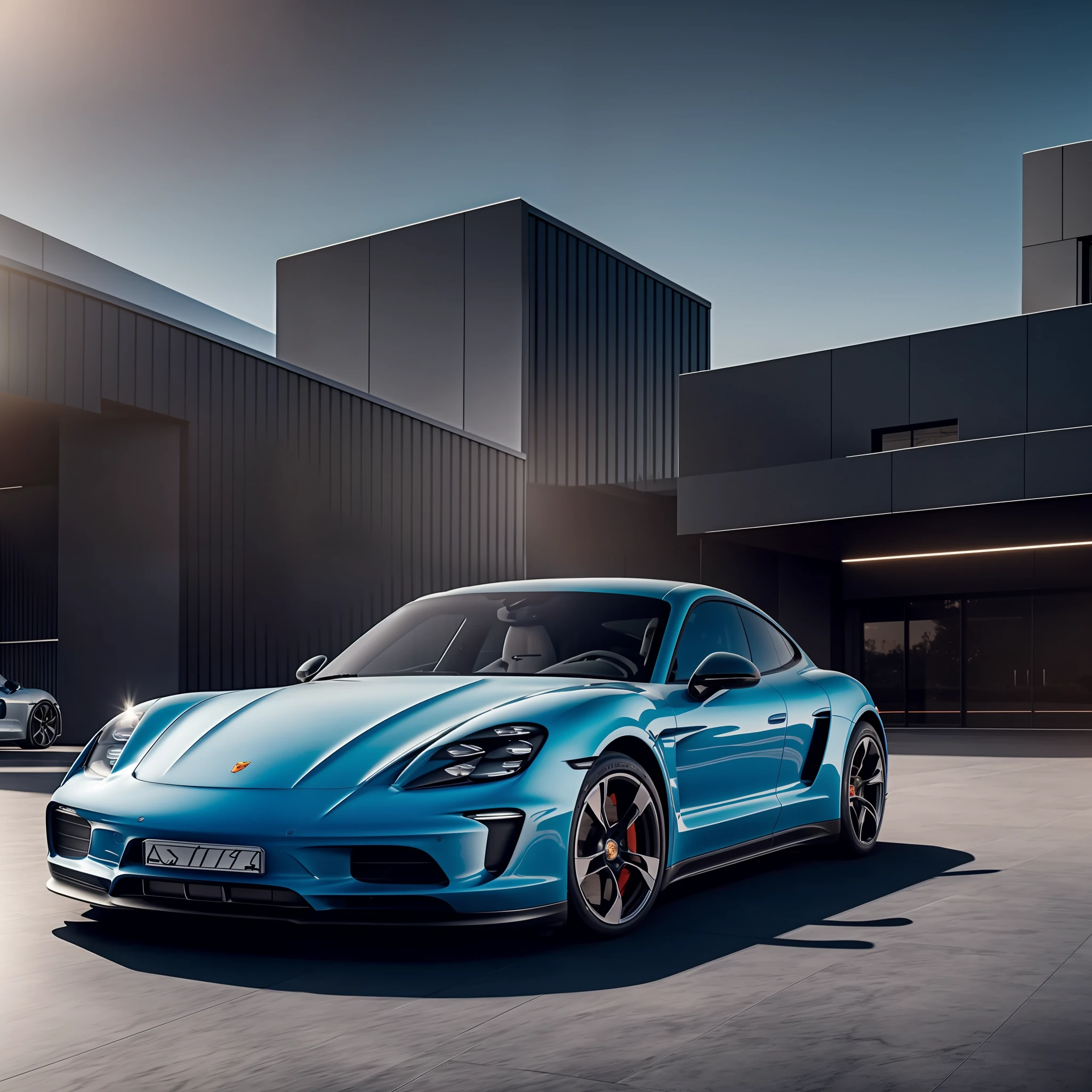 A luxurious porsche taycan, one-third the size of the image, biomimicry, hyper-realistic, photo, photographic composition, background with illuminated city, vibrant colors, silky smooth background, reflection on the perfect floor, 4k, caustic, full frame, hyper detailed, intricate details, black background, wonderful reflection --v 6