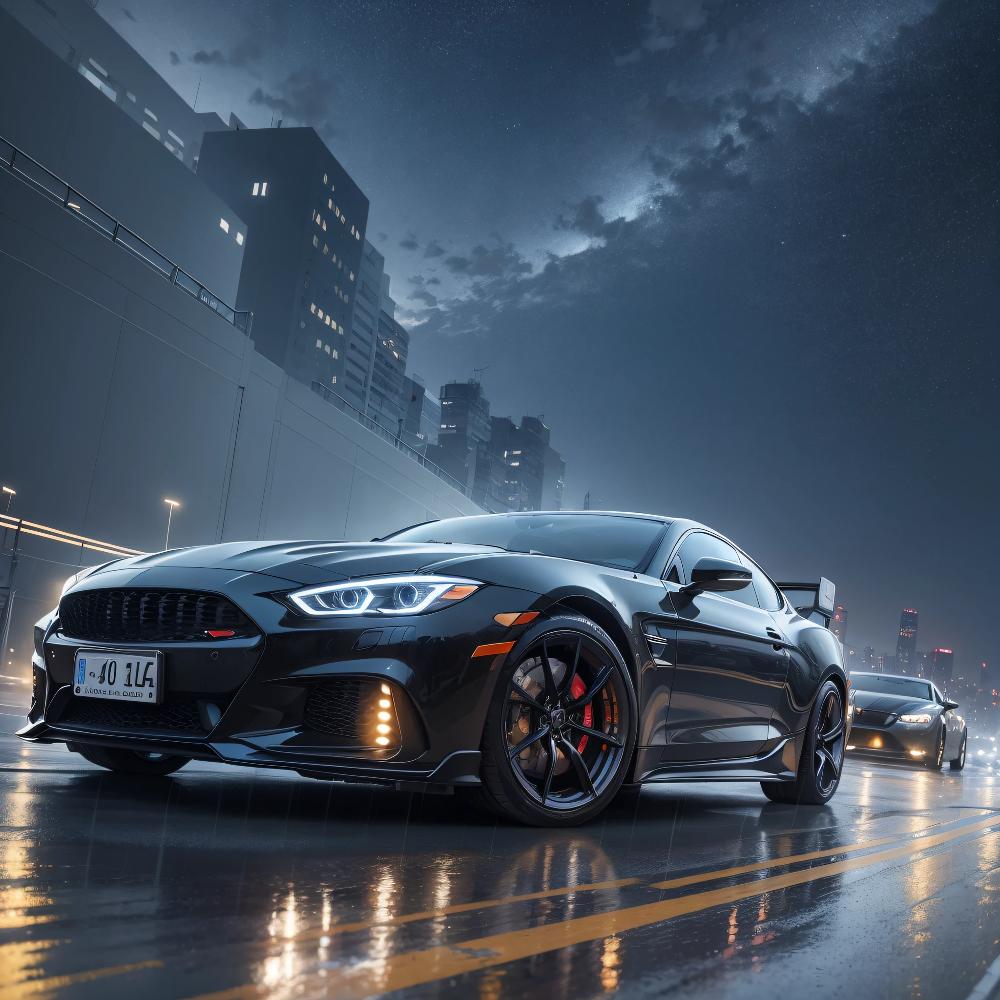 Detailed morning sky, sports car driving on rainy city highway, unmanned, official art, best quality, body streamer, body reflective starry sky, obvious reflection, starry picture, starlight body, dreamy, black translucent