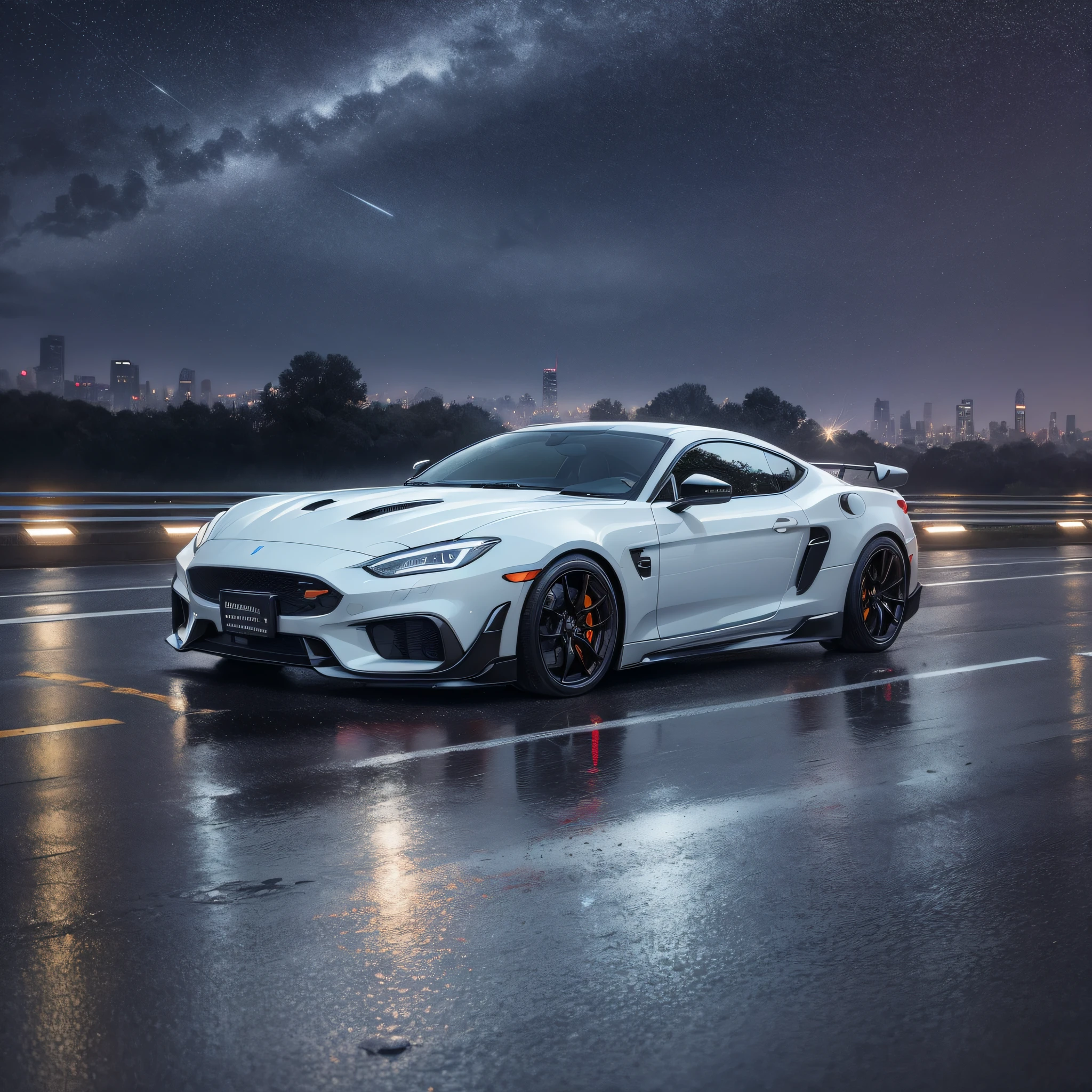 Detailed morning sky, sports car driving on rainy city highway, unmanned, official art, best quality, body streamer, body reflective starry sky, obvious reflection, starry picture, starlight body, dreamy, black translucent