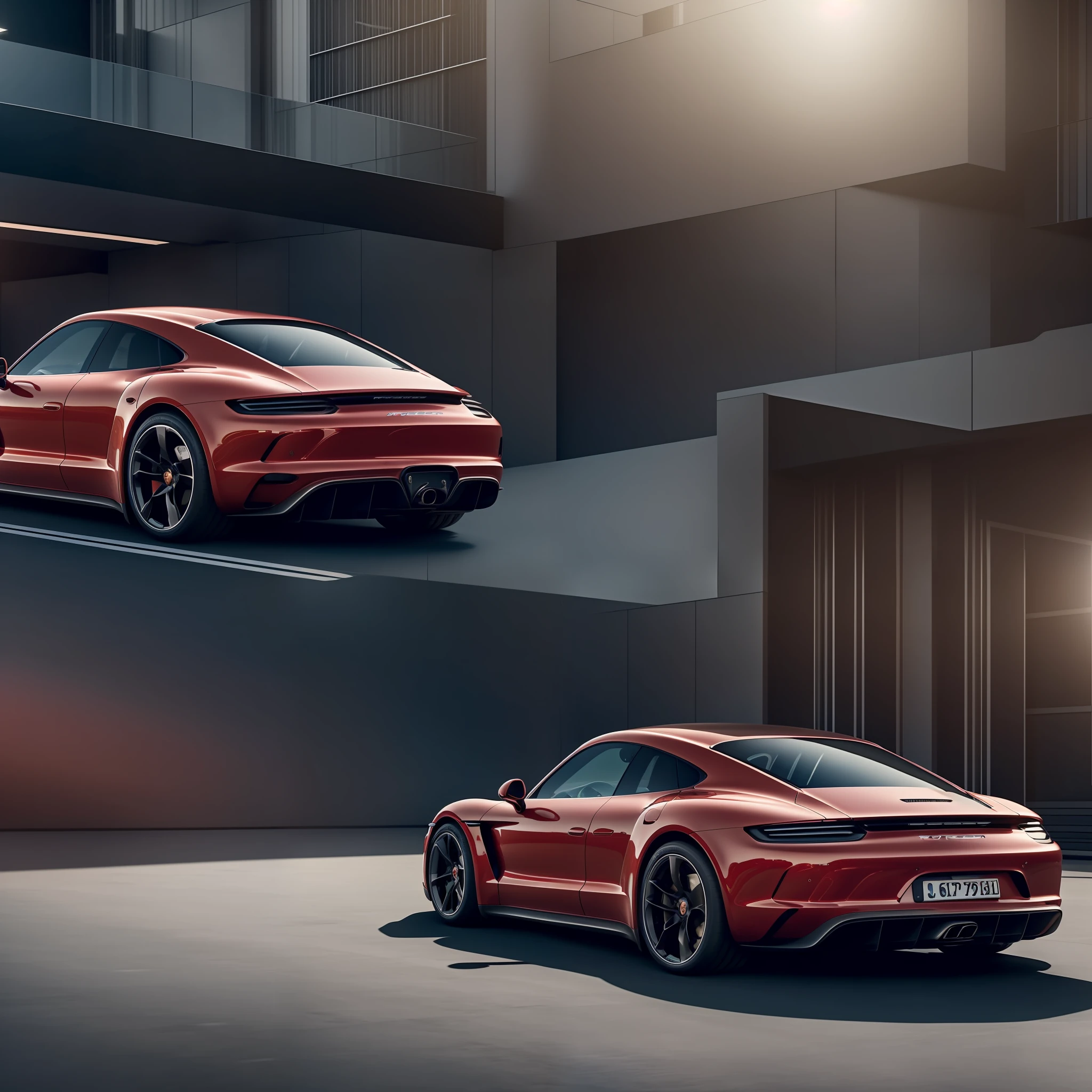 A luxurious porsche taycan, one-third the size of the image, biomimicry, hyper-realistic, photo, photographic composition, background with illuminated city, vibrant colors, silky smooth background, reflection on the perfect floor, 4k, caustic, full frame, hyper detailed, intricate details, black background, wonderful reflection --v 6