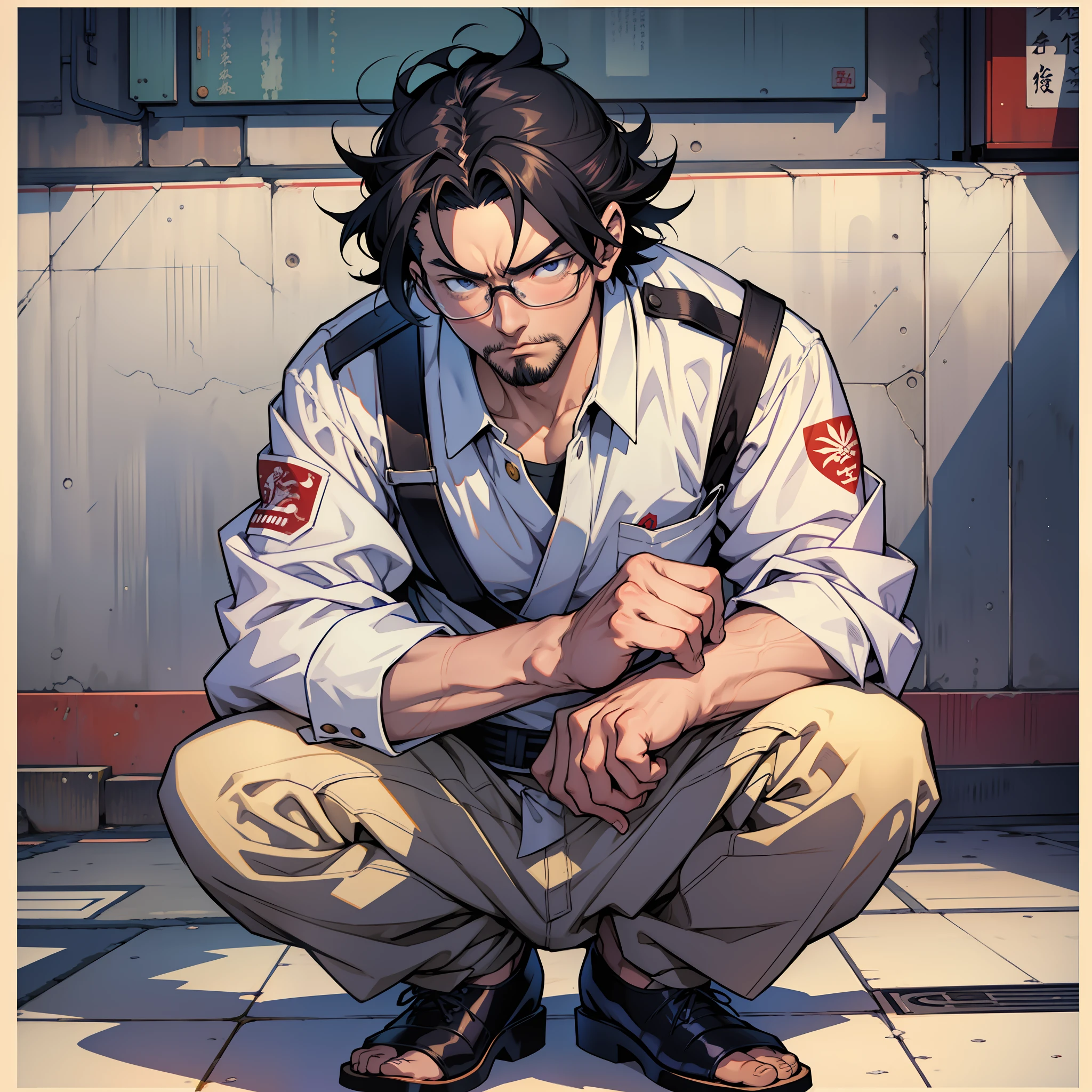 Middle-aged man in white uniform squatting on the city street, Hideaki Anno Anime, Best Chef, GTA Chinatowon Art Style, Tanjiro Kamado, Shigeri Aishima Illustration, Kentaro Miura Art Style, Official Art, Key Vision, Propaganda Art, Minamoto Mitsu, G Rulian Art Style, Kentaro Miura Manga Art Style, Evening