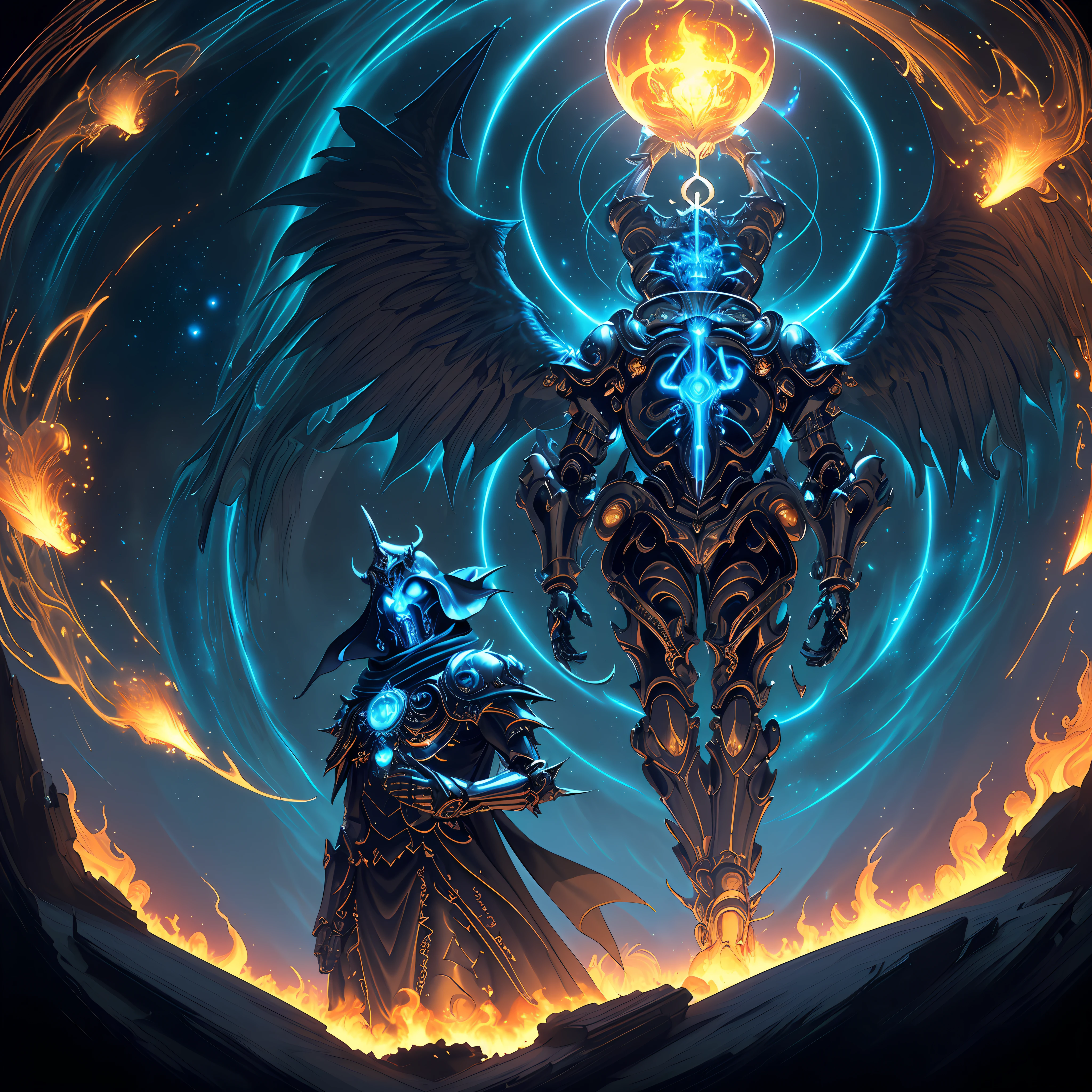 (android mechanical lich hovering above a gothic cathedral)=2.0, robot wings:Unholy Bioluminescent Flame,earnst haeckel, james jean. generative art, baroque, intricate patterns, fractalism, movie still, photorealistic, intricate, elegant, highly detailed, artstation, smooth, sharp focus, illustration, outrun, vaporware,epic wide angle shot, (monsters trapped in orbs of pure unholy celestial aura), angle from side, (Golden Death Mask) = 1.8, cinematic lighting, blank stare:yawning, (looking at viewer), {Masterpiece}, ((Massive Unholy blue flame meteors falling in background))=1.7, 1man