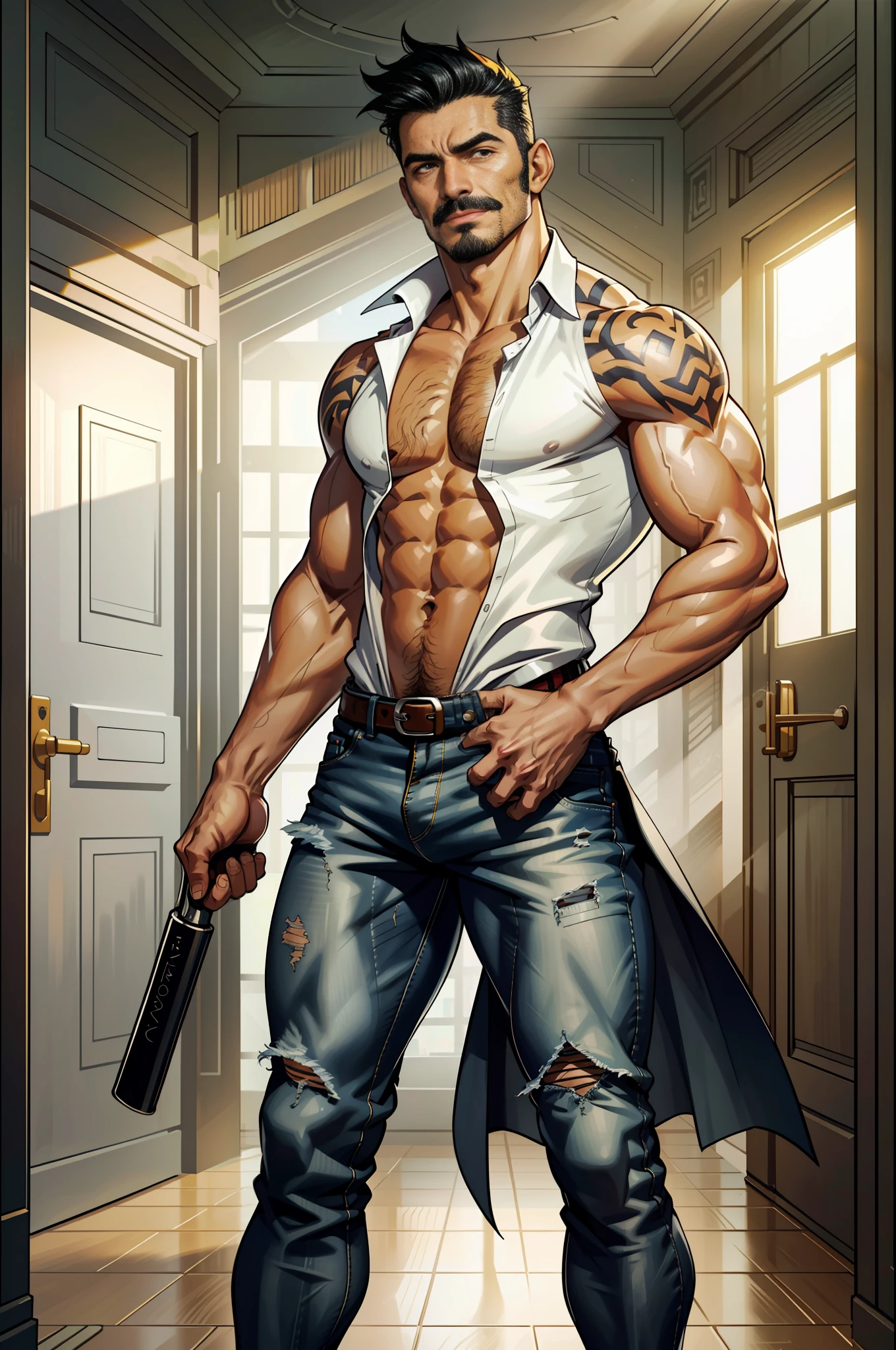 (original-art:1.2),(lineart:1.33), 1male, black hair, 1950s greaser, mature masculine muscular, handsome chisled facial features, muscular hairy body, 70s mustache, unbuttoned ripped white shirt, open shirt, un-zipped jeans, opened pants, pubic hair, huge crotch bulge, sexy, hot, jock, erotic, (hyperdefined),(inked-art), hero-angle, masculine stance, erotica, mocho, full body shot, cartoon, indoor, dramatic lighting, sidelighting,complex lighting,(full vibrant colors),hatched-texture,(fine-details:1.2),absurdres,flat-colors,ultradetailed, city street,