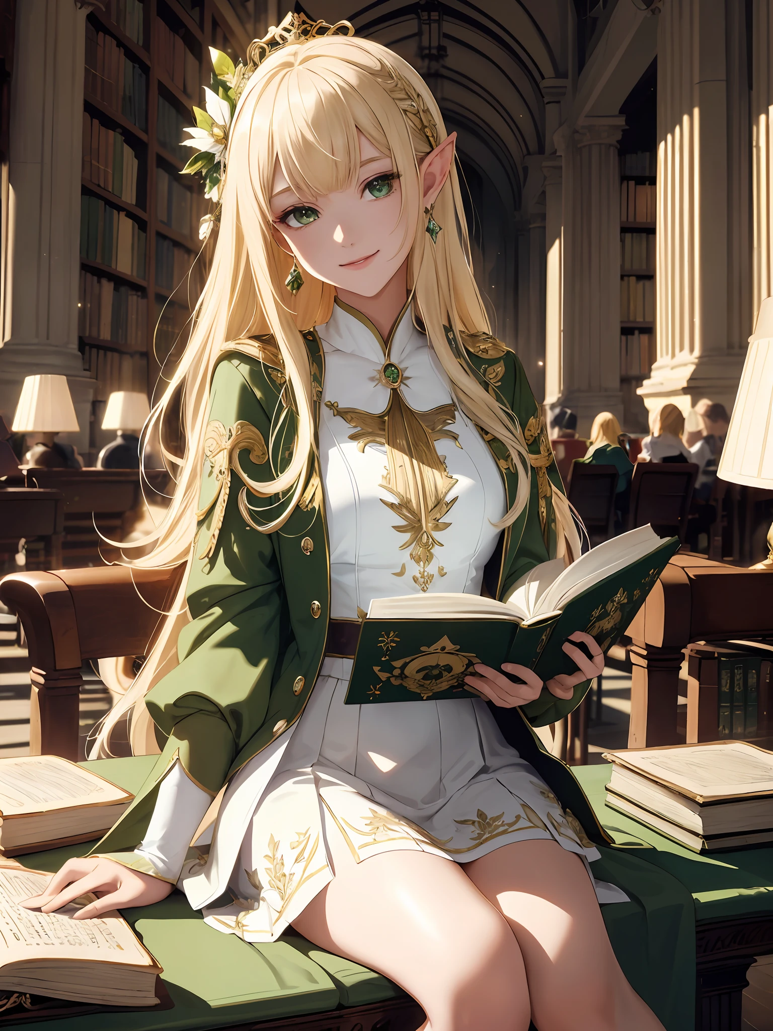 (((Masterpiece, highest quality, high definition, high detail)))), one, ((fantasy)))), (elf woman)))), (white short skirt with gold embroidery), (blonde long straight hair), (glossy dark green eyes), (green surcoat with gold embroidery), big, (((National Library of the royal capital)), (A large space with a lot of books)), sit in a chair and read a book , Smiling, light particles flying