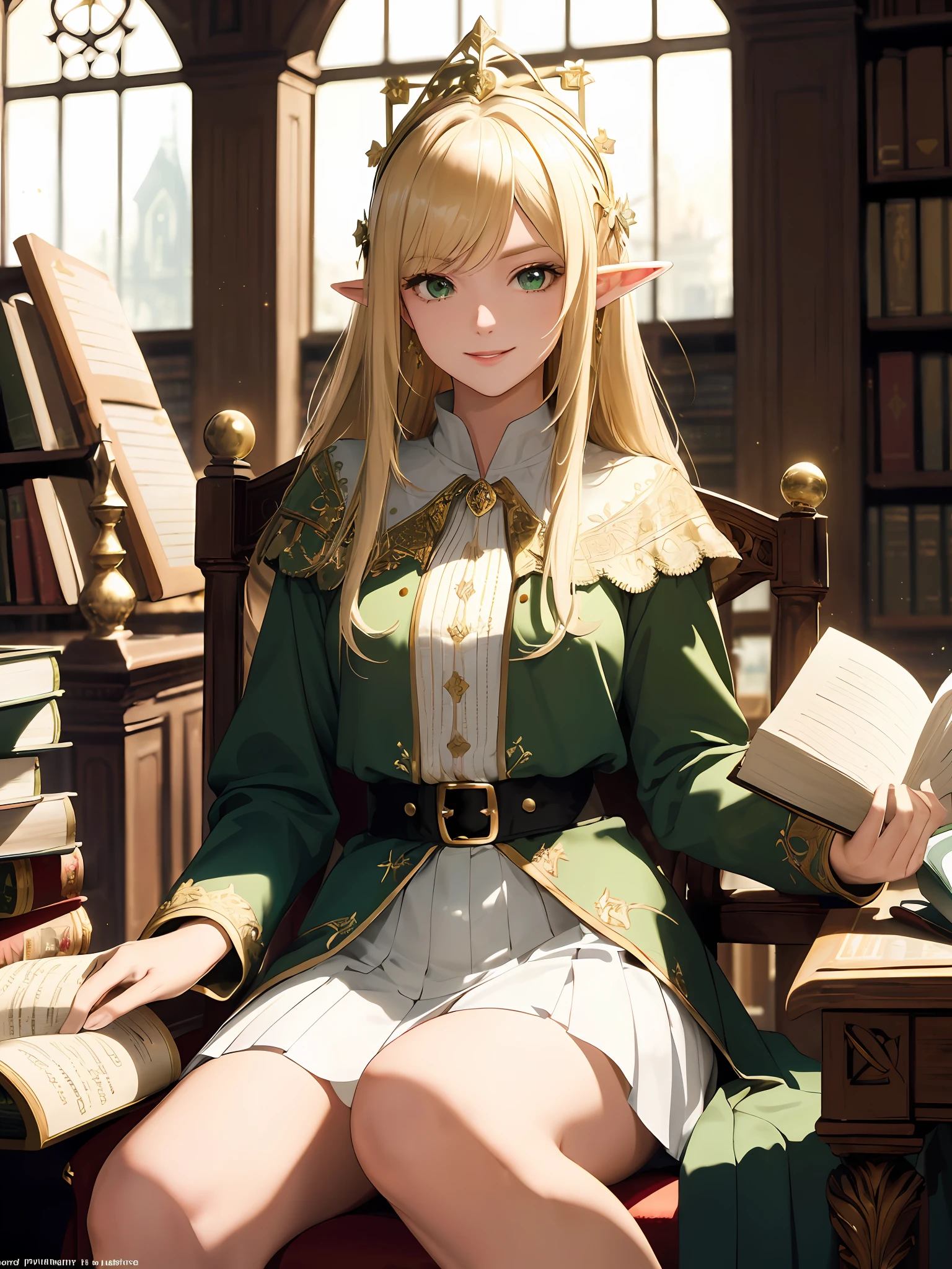 (((Masterpiece, highest quality, high definition, high detail)))), one, ((fantasy)))), (elf woman)))), (white short skirt with gold embroidery), (blonde long straight hair), (glossy dark green eyes), (green surcoat with gold embroidery), big, (((National Library of the royal capital)), (A large space with a lot of books)), sit in a chair and read a book , Smiling, light particles flying