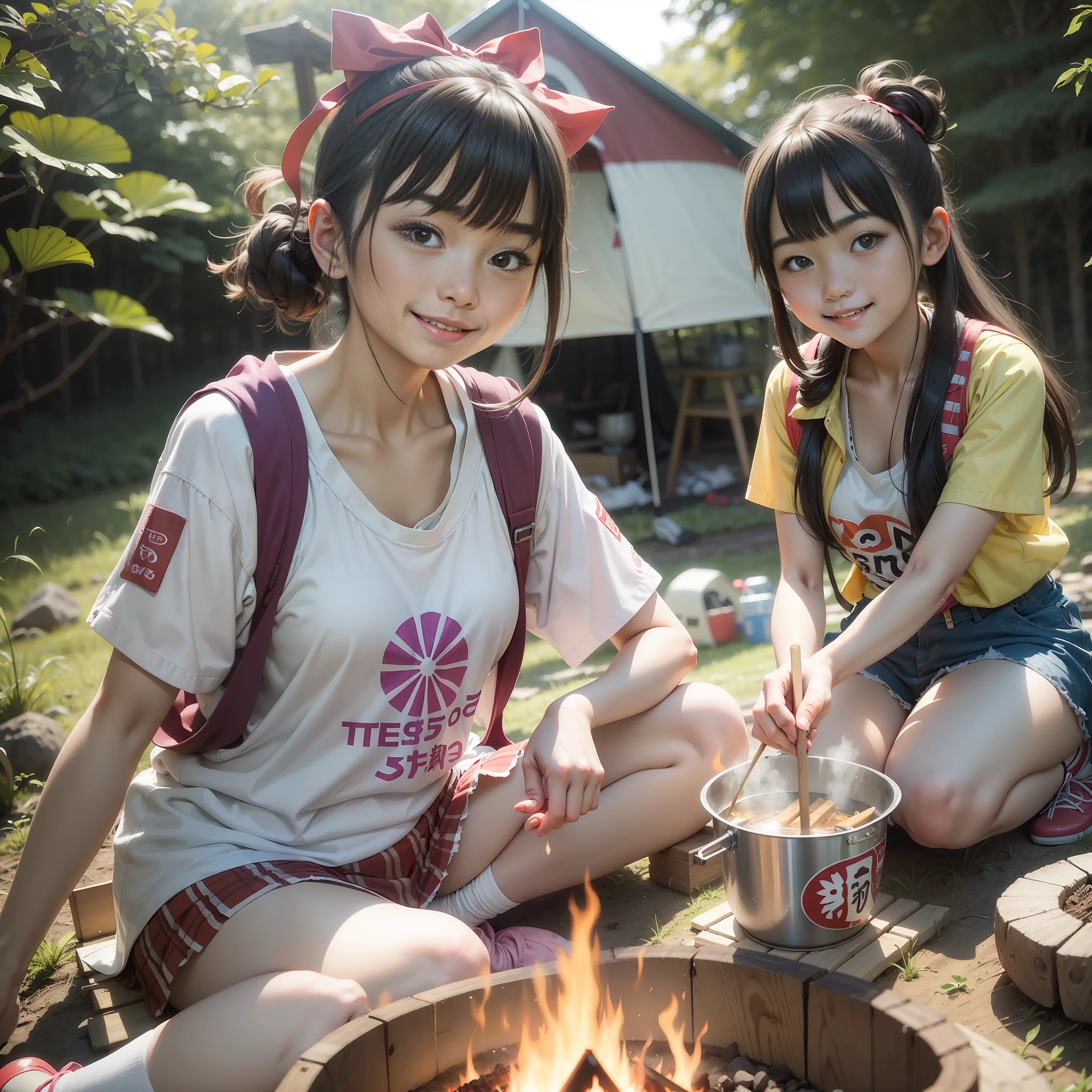 Shiori Teshiroki, teenage portrait of Japan, Harumi, Kimi Takemura, slim body, camping, making bonfire, smiling, cute two girls