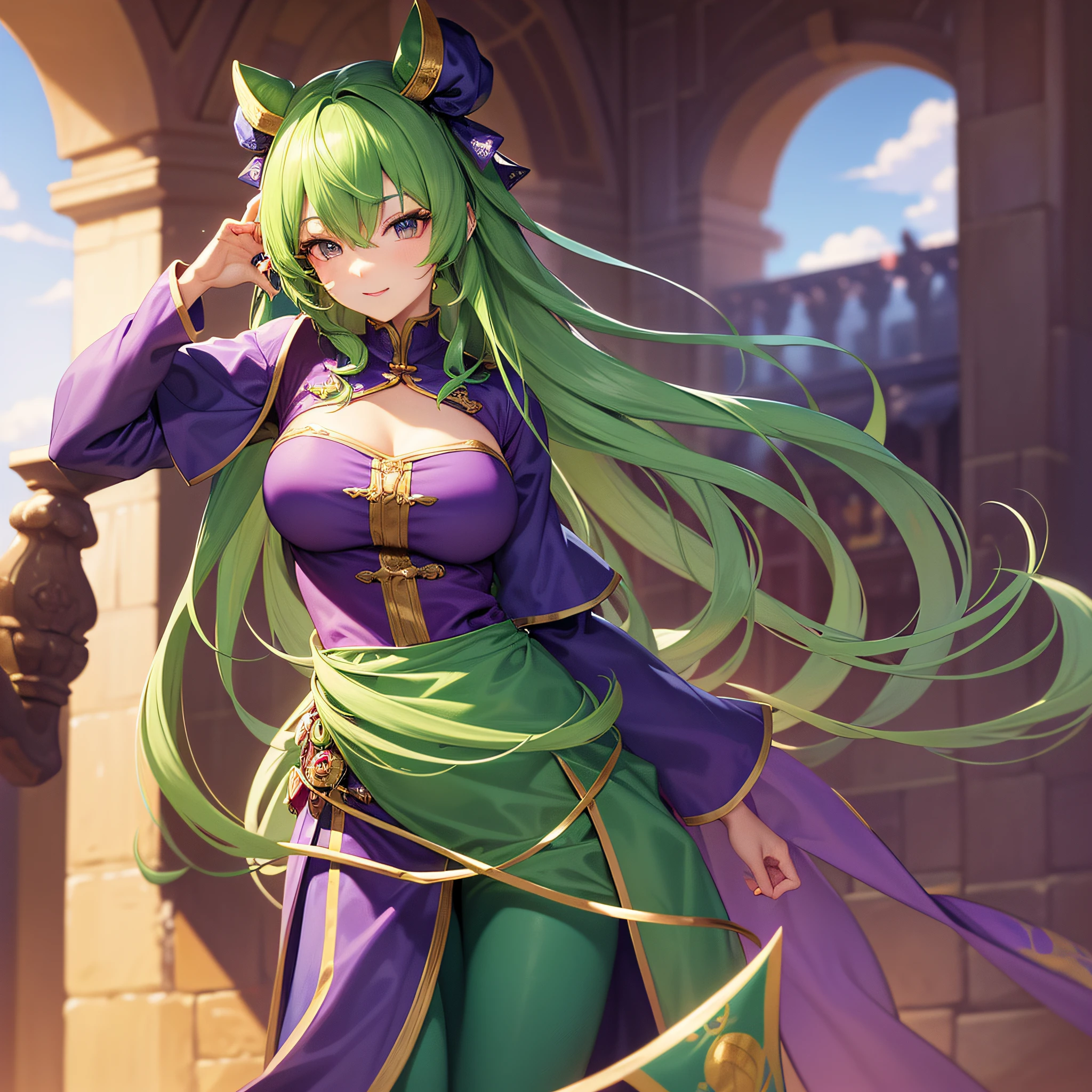 (extremely detailed illustration, best quality, vibrant colors, a stunningly beautiful jester girl with a long green hair and a purple outfit, in a medieval setting)