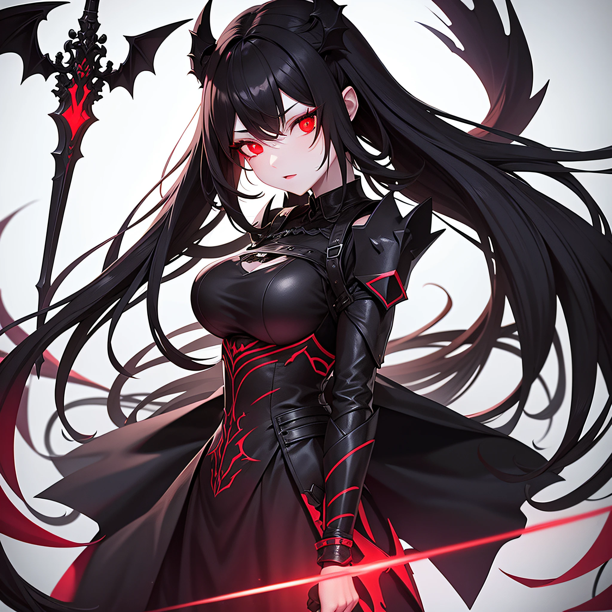 Gothic Demon Woman with Glowing Red Eyes, Long black hair, white skin, black armor, large bat wings on her back, and a sword