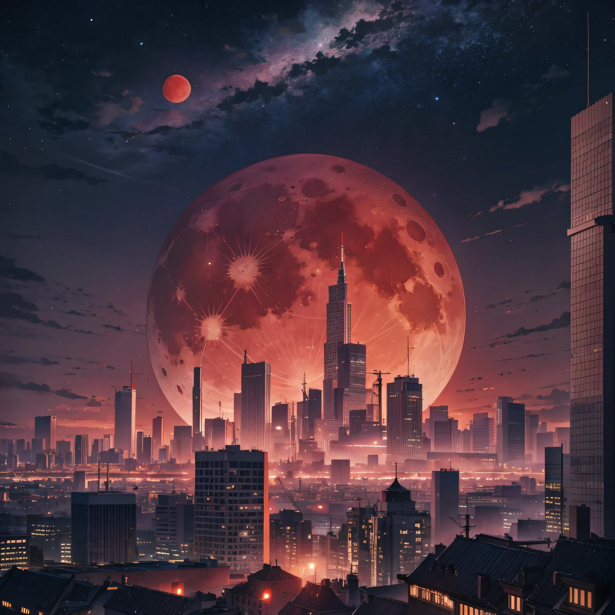 Night, Blood Moon, Large City