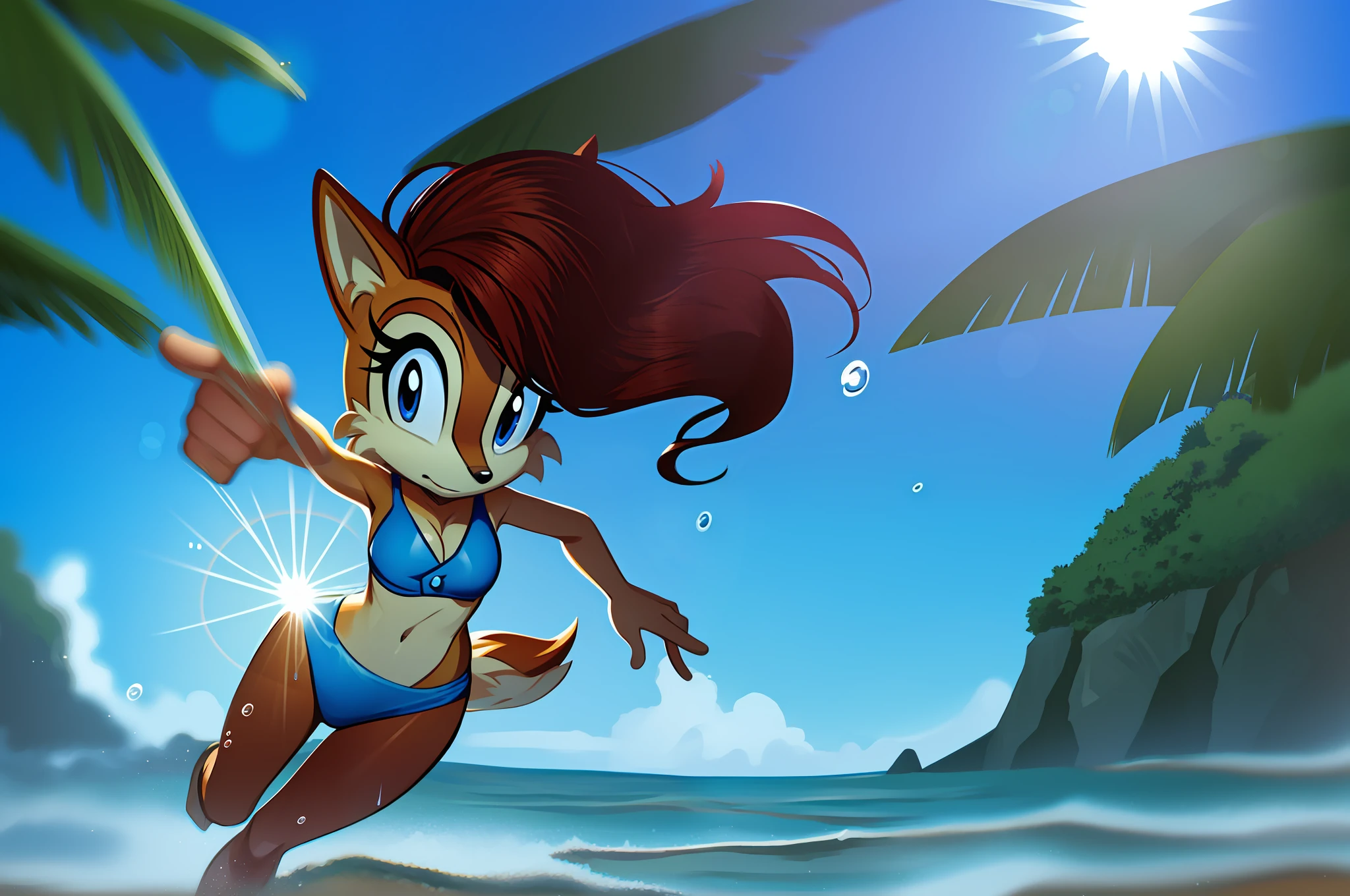 Sally Acorn, 1girl, solo, tree, sky, outdoors, tight bikini, cloud, brown, hair, midday, lens, flare, scenery, beach, wet, sun, wind, long, water, animal nose, splashing out, vignette, old film, detailed body, full body, close to camera, looking at viewer, 8mm film, photorealistic, god rays, cleavage, deep shades, deep shadows, small mouth, small bikini, navel button, brown arms, visible fur. Amy Rose, 1girl, solo, tree, sky, outdoors, tight bikini, cloud, brown, hair, midday, lens, flare, scenery, beach, wet, sun, wind, long, water, animal nose, splashing out, vignette, old film, detailed body, full body, close to camera, looking at viewer, 8mm film, photorealistic, god rays, cleavage, deep shades, deep shadows, small mouth, small bikini, navel button, arms, visible fur.