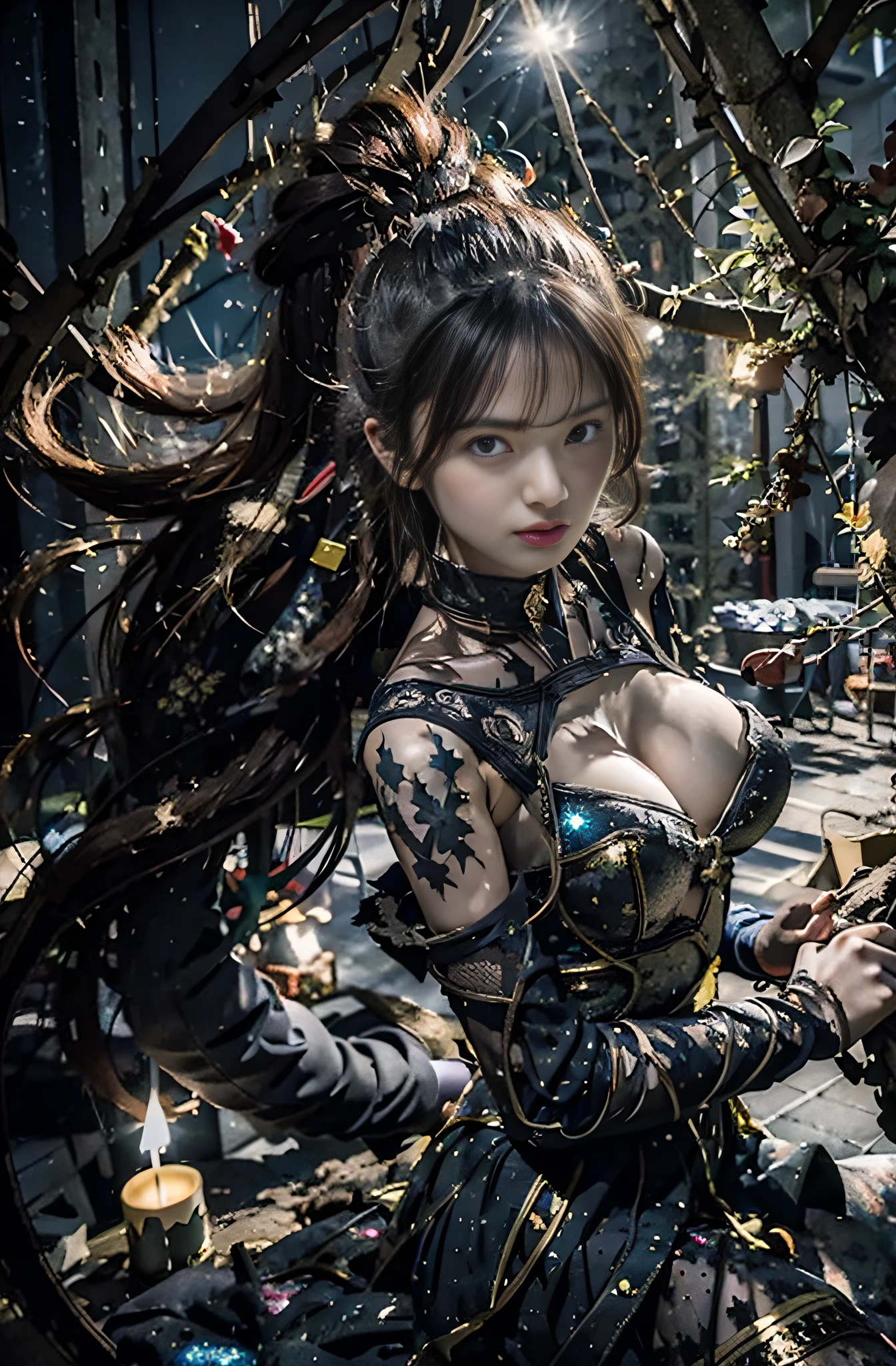 BREAK, 1girl, solo, looking at viewer, flat bangs, (young cute beautiful 18-year-old girl:1.1), 3d face, beautiful girl, pretty, girlface, kpop idol, supermodel, woman posing for a photo, stunning innocent symmetry face, perfect body, medium breast, slim waist, slim legs, (high detailed skin:1.2), glowing eyes, goddess, natural skin texture, shiny skin, White skin, Beautiful detailed face, detailed face, real skin texture, cute delicate face, finely detailed face, golden ratio, golden ratio face, expressive eyes, perfect face, perfect skin, flawless face, clear face, shiny hair, pale skin, Proper body proportion, perfect anatomy, realistic skin texture, luscious lips, glossy lips, natural makeup, beautiful bright pupils, slender figure, intricate eyes, detailed pupils, detailed face and eyes, longeyelashes, blush, good hand, finely detailed skin, oily skin, BREAK, ((((ember, battlefield, volumetric fog, grey mist, (white long hair:1.4), (ecstasy of silk:1.1), spider web, (chain:1.1), (On a dark moonlit night:1.6), (in a spooky ancient dungeon:1.2), in a heavily guarded cage, moonlight shines in through a small window, (In the center of the picture is a female assassin struggling to break free from the shackles:1.4), (She breaks the thick iron chain with amazing strength:1.3), (Werewolf soldiers guarding the prison came from all directions with weapons:1.5), (Destroyed buildings:1.2), (ruined walls:1.1), (scars:1.3), claw marks, (flames splashing:1.3), (werewolf's huge claws, wolf eyes with green light:1.2), (A pack of wolves surrounded her:1.6), full of murderous, fighting state, (blood moon:1.4), chilling atmosphere, flames, cobwebs, candles, (torture tools:1.1), (floating colorful sparkles:1.2), (energy beams:1.3), cyberpunk neon light, volcano, (lava:1.1), Doomsday atmosphere, flames soaring into the sky, candlelight, desperate and helpless prisoners, jail, prison, East Asian architecture, ancient China, skeletons, horror , chilling, bloody, huge warfare battle