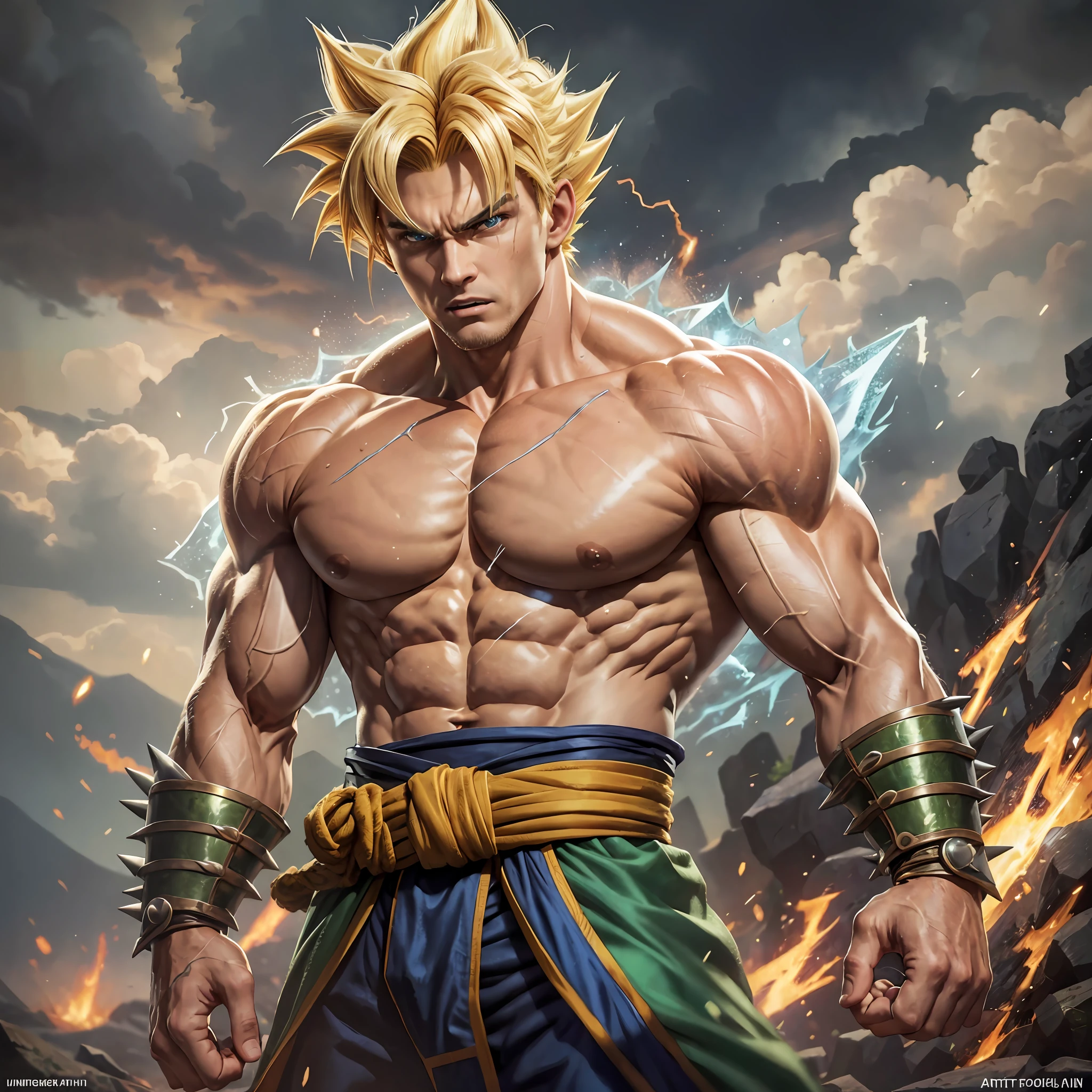 (masterpiece, best quality), intricate details, 8k, artstation, wallpaper, official art, splash art, storm in background, sharp focus, 1boy, (photorealistic:1.2) (bokeh) (best quality) (detailed skin:1.3) (intricate details) (8k) (detailed eyes) (sharp focus) son goku, angry, battle damage, blonde hair, blue sash, clenched teeth, furious, green eyes, male focus, muscular, muscular male, pectorals, sash, solo, spiked hair, super saiyan, super saiyan 1, teeth, topless male, torn clothes, wristband, --auto --s2