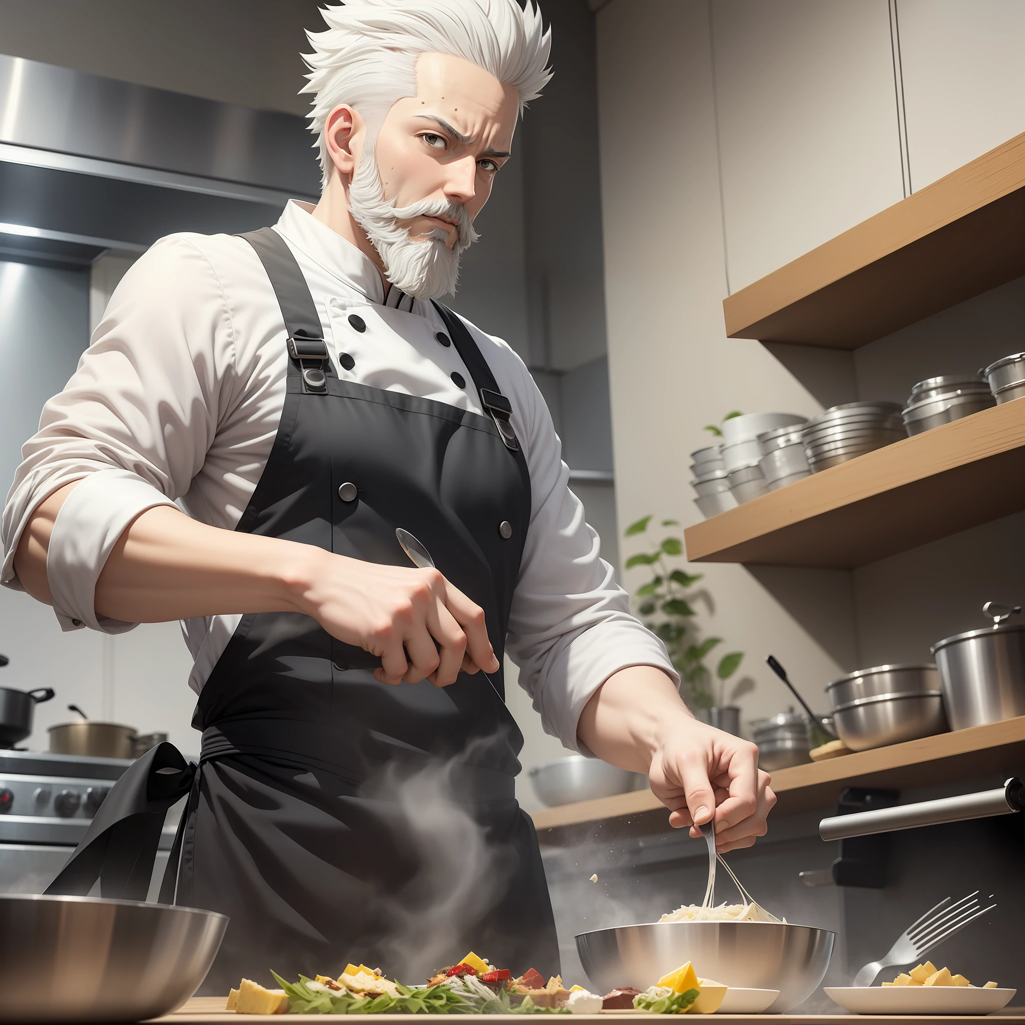 Anime characters with white hair and beard in the kitchen, best chef, chef Saitama one-punch man, happy chef, frontline CG, cooking show, Tanjiro Kamato, fine details. Frontline, Chef, from Azure Lane video game, inspired by Cao Zhibai, Chiba Yuda