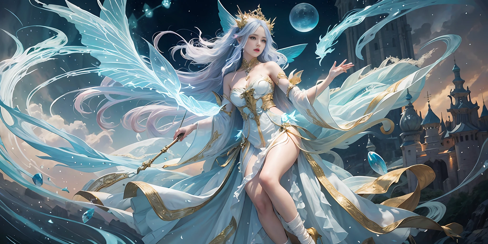 Close-up of women in costumes on stage, full body fairy, beautiful celestial mage, amazing young ethereal characters, beautiful fantasy queen, astral witch costume, sand stream, flowing magic robe, white Hanfu, fairy fantasy, beauty Delfin, ethereal fantasy, elegant and charming cosplay, Hirase Jinyao, half lying underground, charming, very funny, a sports car, night punk oriental architecture! Lots of neon