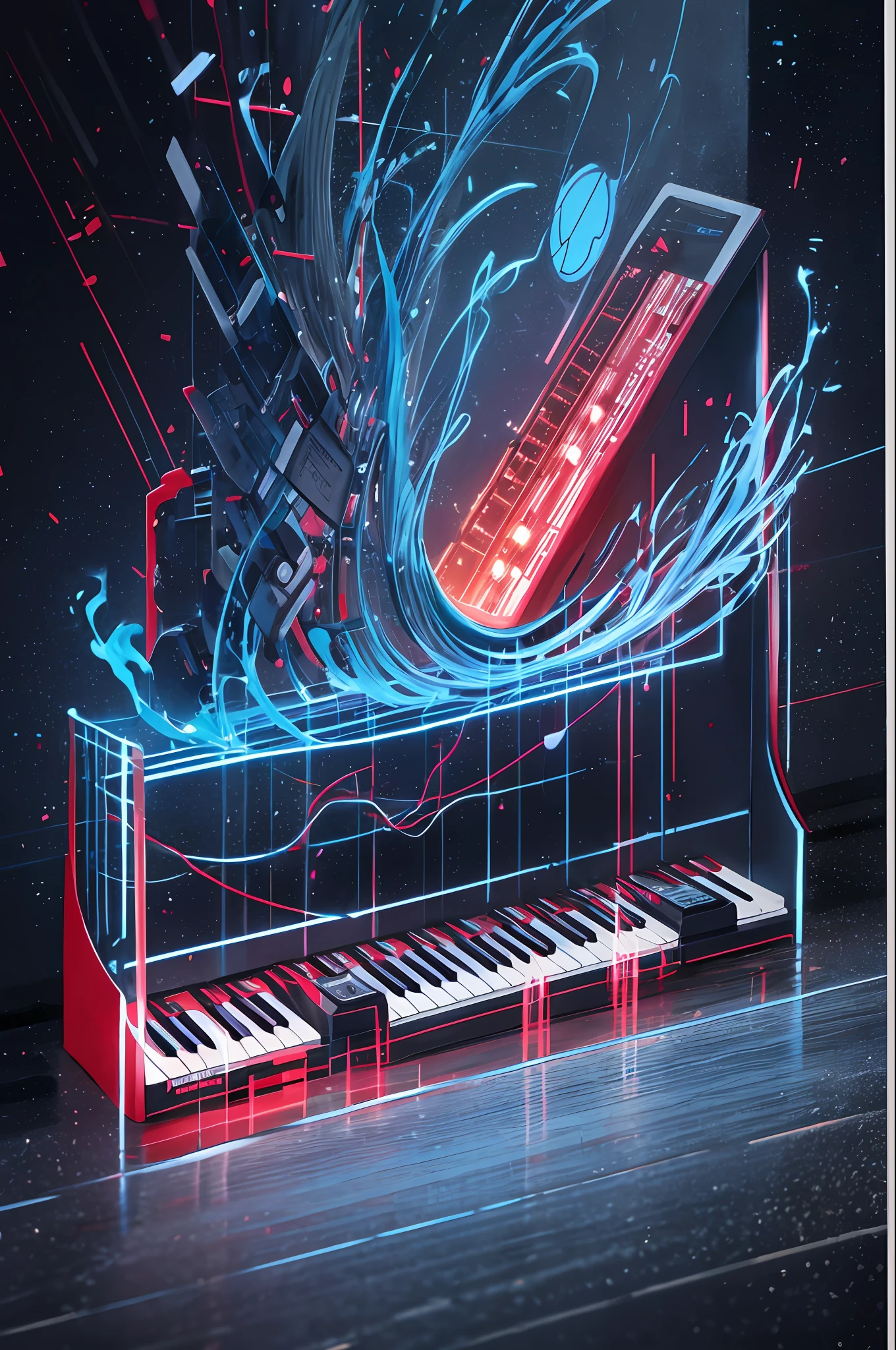 musical synthesizer on fire in blue, with musical notes over it in red, realistic, 55mm