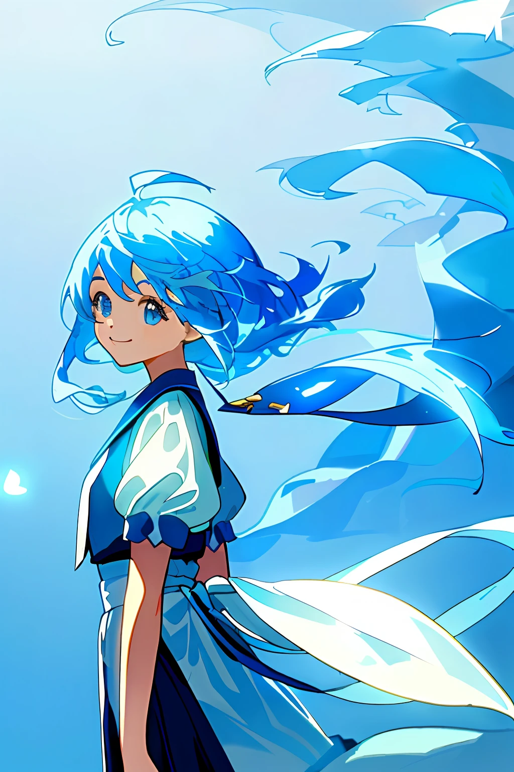 ((Masterpiece)), (((highest quality)), illustration, one girl, with light blue hair as light as the wind tied into a side tail. His eyes are bright blue like a clear sky. He is sociable, communicative, always smiling, and quick to solve problems.