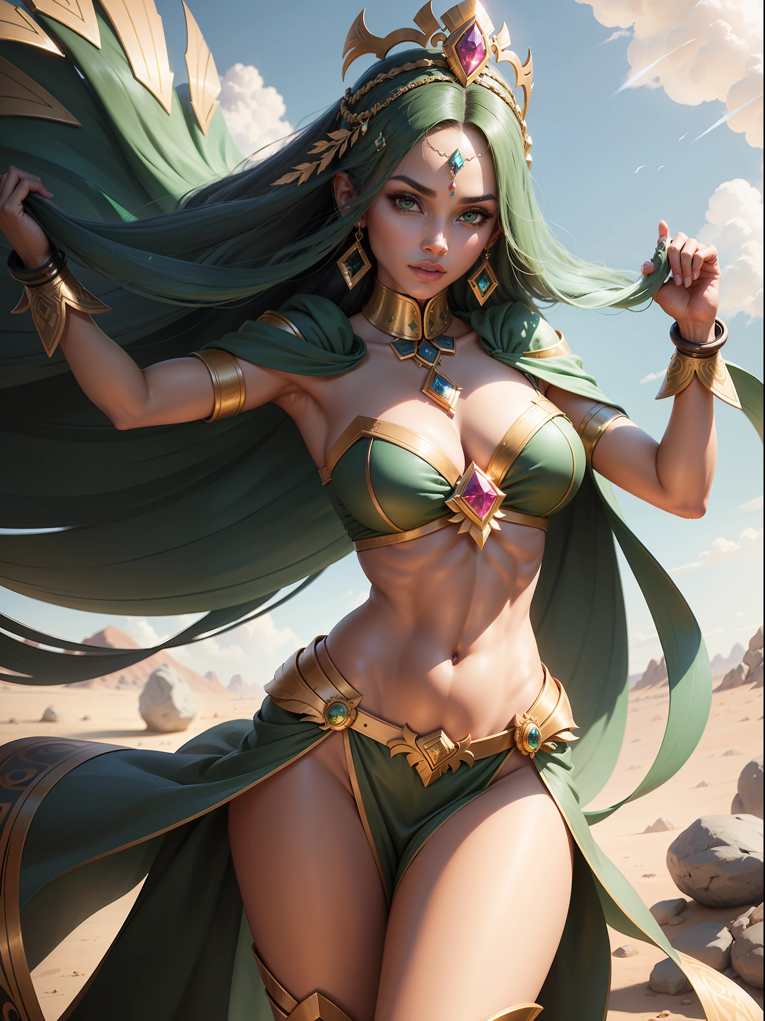 Physically, Qiyana is a young woman of Ixtali descent. She has a slender and athletic build, standing at an average height with an air of confidence and regal demeanor. Qiyana's appearance is marked by her striking features, including piercing green eyes that emanate an intense determination and long, flowing dark hair that falls in waves down her back. Her skin tone reflects her heritage, with a rich and warm complexion. Qiyana's attire is both elegant and practical, reflecting her status as a ruler and warrior. She wears a vibrant and intricately designed royal outfit, complete with golden accents, ornate patterns, and vibrant colors that highlight her connection to the earth. She dons a headdress adorned with precious gemstones, further emphasizing her status as an empress. In battle, Qiyana wields a unique weapon known as the "Edge of Ixtal." This weapon is a versatile blade that allows her to manipulate the surrounding elements. She can summon and control rocks, walls of stone, and blades of grass, utilizing them as weapons or as tools for traversing the battlefield. Qiyana's command over the terrain grants her unparalleled mobility and enables her to outmaneuver her enemies with ease. Qiyana's personality is as fierce as her abilities. She possesses a strong sense of pride, stemming from her royal lineage and her status as the ruler of Ixtal. She is self-assured and confident, bordering on arrogance at times, and believes in her inherent superiority. Qiyana is driven by a desire for power and recognition, constantly seeking to prove herself as the true Empress of Ixtal. detailed face, detailed hands, detailed legs, detailed fingers, detailed hair, detailed eyes, detailed skin, dynamic lighting, (photorealistic:1.4), 8k uhd, (hyper realistic), (photo realistic), (masterpiece), (best quality)