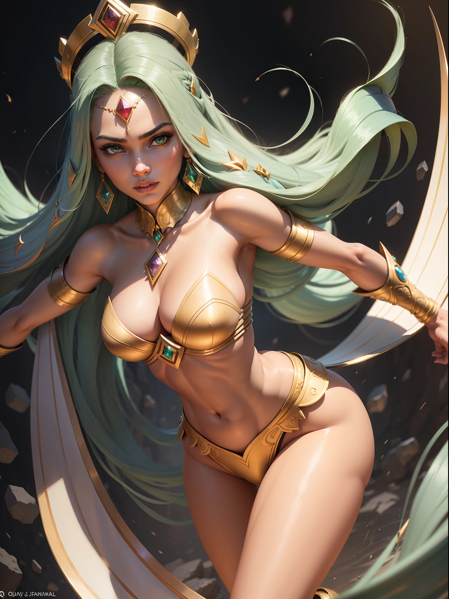 Physically, Qiyana is a young woman of Ixtali descent. She has a slender and athletic build, standing at an average height with an air of confidence and regal demeanor. Qiyana's appearance is marked by her striking features, including piercing green eyes that emanate an intense determination and long, flowing dark hair that falls in waves down her back. Her skin tone reflects her heritage, with a rich and warm complexion. Qiyana's attire is both elegant and practical, reflecting her status as a ruler and warrior. She wears a vibrant and intricately designed royal outfit, complete with golden accents, ornate patterns, and vibrant colors that highlight her connection to the earth. She dons a headdress adorned with precious gemstones, further emphasizing her status as an empress. In battle, Qiyana wields a unique weapon known as the "Edge of Ixtal." This weapon is a versatile blade that allows her to manipulate the surrounding elements. She can summon and control rocks, walls of stone, and blades of grass, utilizing them as weapons or as tools for traversing the battlefield. Qiyana's command over the terrain grants her unparalleled mobility and enables her to outmaneuver her enemies with ease. Qiyana's personality is as fierce as her abilities. She possesses a strong sense of pride, stemming from her royal lineage and her status as the ruler of Ixtal. She is self-assured and confident, bordering on arrogance at times, and believes in her inherent superiority. Qiyana is driven by a desire for power and recognition, constantly seeking to prove herself as the true Empress of Ixtal. detailed face, detailed hands, detailed legs, detailed fingers, detailed hair, detailed eyes, detailed skin, dynamic lighting, (photorealistic:1.4), 8k uhd, (hyper realistic), (photo realistic), (masterpiece), (best quality)