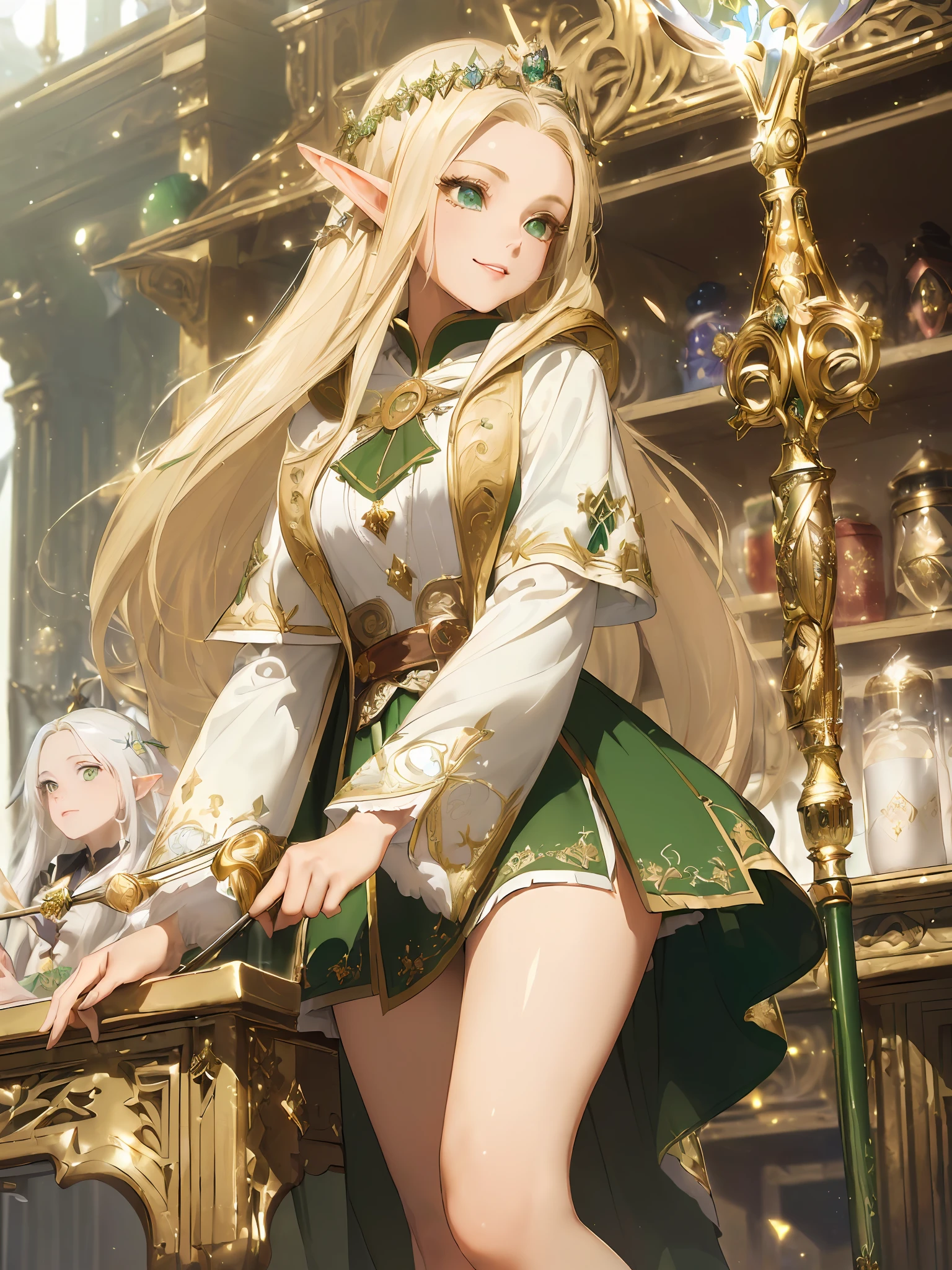 (((Masterpiece, highest quality, high definition, high detail)))), one, ((((fantasy)))), (elf woman)))), (short skirt white with gold embroidery), (blonde long straight hair), (glossy dark green eyes), (green surcoat embroidered with gold), big, (((magic shop in the royal capital)), (There are witch's wands and witches' robes in the store)), smile, Particles of light flying