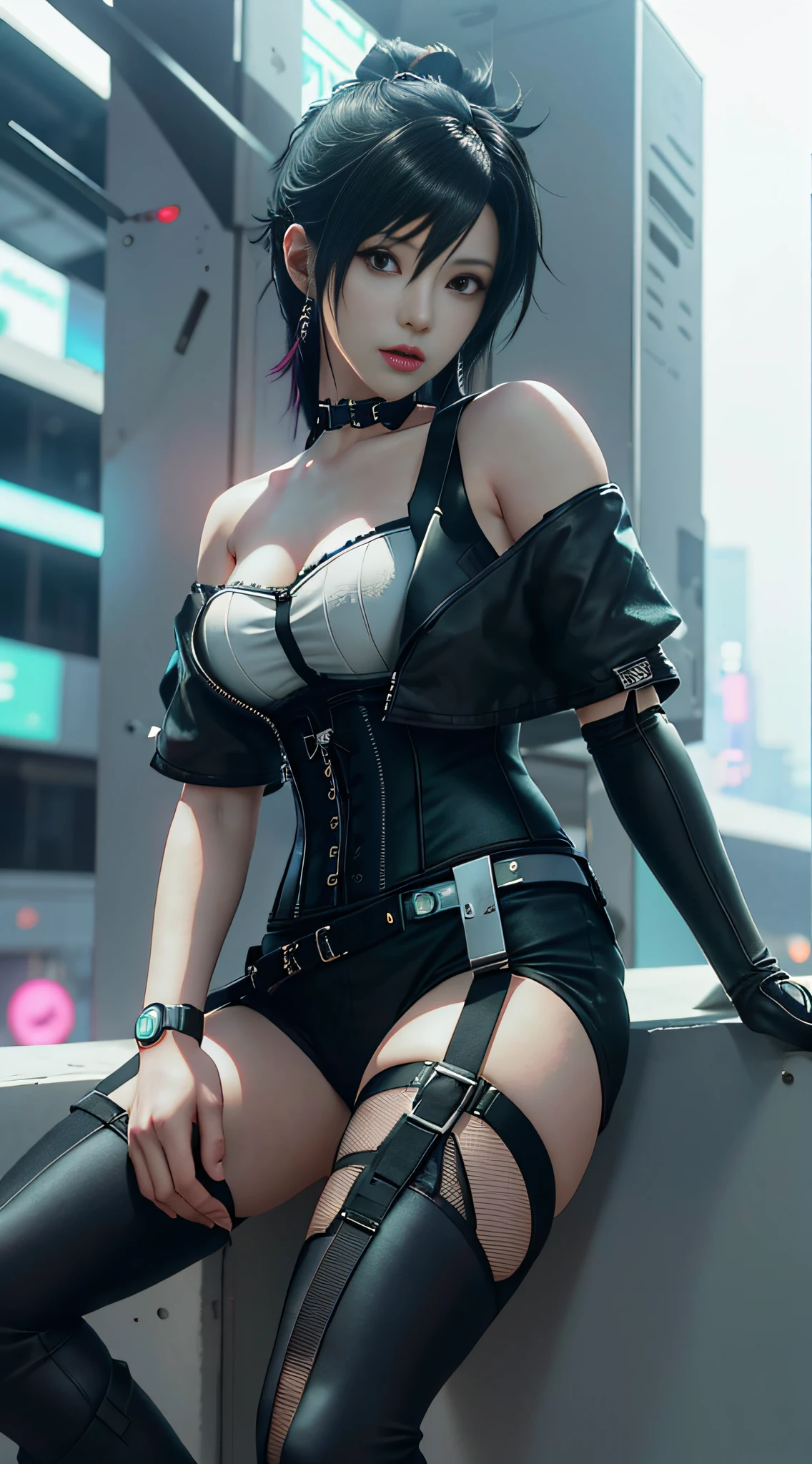 anime - style image of a woman in a corset outfit sitting on a ledge, cyberpunk anime girl, female cyberpunk anime girl, seductive tifa lockhart portrait, dreamy cyberpunk girl, cyberpunk girl, tifa lockhart, cyberpunk outfit, portrait of tifa lockhart, artwork in the style of guweiz, anime cyberpunk art, badass anime 8 k, digital cyberpunk anime art