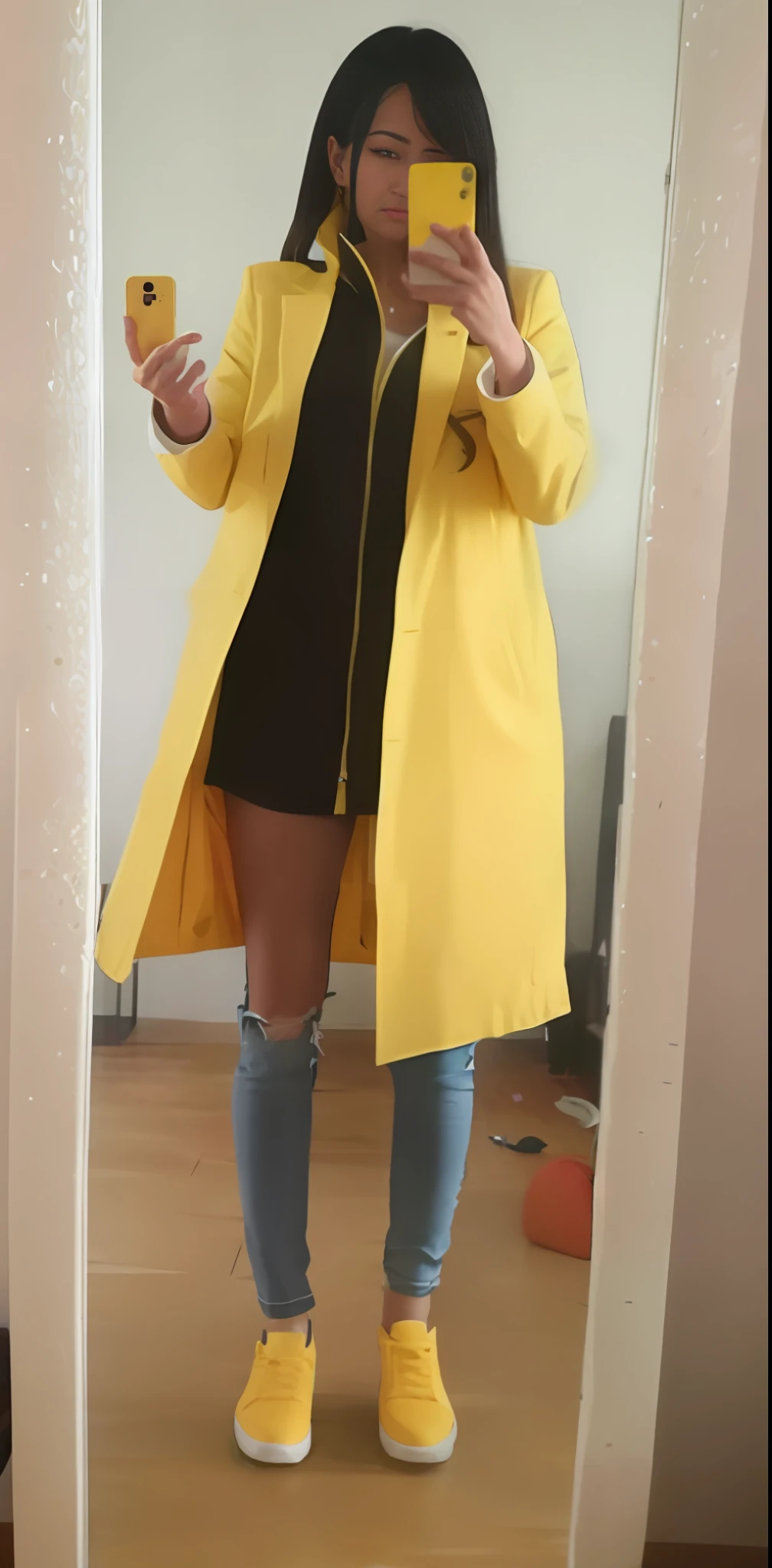 araffe woman in yellow jacket taking a selfie in mirror, (((yellow))), yellow clothes, outfit photo, full body in frame, full body picture, yelow, full body!!!!!!, full body!!, full body shot!!, on a yellow canva, yellow raincoat, casual business outfit, with yellow cloths, full body!!!