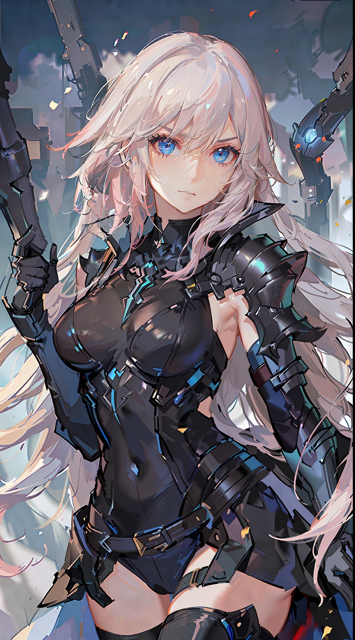 Scene Description: Lightning, the iconic character from Final Fantasy 13, strikes a powerful and dynamic pose. She exudes an aura of strength and determination as she stands tall. With her striking appearance, she possesses a combination of elegance and fierceness. Lightning has vibrant pink hair styled in a layered bob, accentuating her sharp features. Her piercing blue eyes shine with intensity and focus. She wears a sleek and futuristic combat outfit, consisting of a form-fitting black bodysuit adorned with silver accents. Over the bodysuit, she sports a combination of armor and a flowing cape in shades of black and silver. Her left arm is encased in a high-tech gauntlet, emitting a faint blue glow. Modifiers: Powerful, dynamic, strong, elegant, fierce, vibrant, sharp features, intense, futuristic, combat outfit, sleek, flowing cape, high-tech gauntlet. Technical Specifications: High resolution, detailed character model, dramatic lighting, realistic textures, intricate armor design, cinematic view, Unreal Engine 5, dynamic shadows, special effects for the electric energy, highly detailed facial expression, vibrant colors, epic background, 4K UHD image