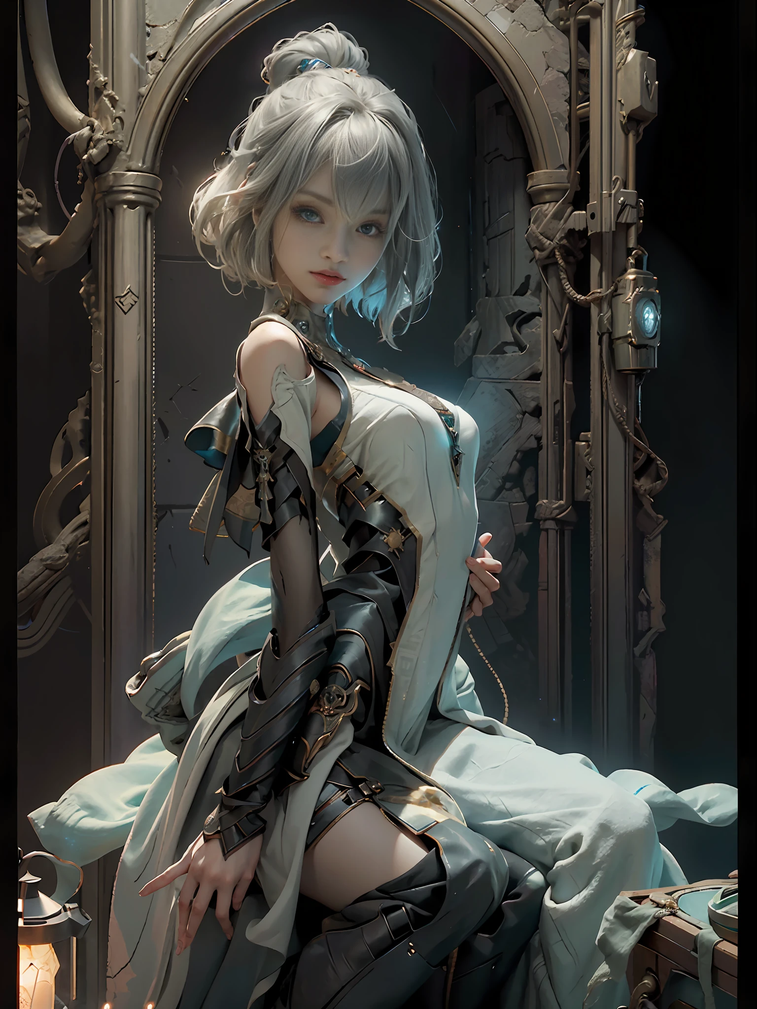 ((Best Quality)), ((Masterpiece)), (Details: 1.4), 3D, Bust, ((Facing Square)), (Body Facing Viewer), A Beautiful Cyberpunk Female Image Facing the Viewer, ((Small Breast, Small Head)), ((Bust Photo)), (Upper Body), (Perfect Body: 1.1), (Perfect Face), (Perfect Eyes), (Perfect Fingers), (Short Hair: 1.2), Golden Hair, Collar, (Glove), Chain, In the distant future, the line between science fiction and fantasy has disappeared, and the world is an awesome tapestry of wonder. Enter a universe where magic and technology coexist in harmony and shape the fate of civilization in the vast expanse of space. At the heart of this field is celestial relations, an interstellar center of mysterious energy and technological wonders. Here, arcane knowledge is intertwined with cutting-edge science, giving birth to a society where spaceships are filled with the power of ancient spells, while occult art enhances technology. As a young explorer, embark on a grand adventure destined to unlock the secrets of the celestial bond. As you travel through the uncharted realms of the universe, encounter various civilizations full of creatures with extraordinary abilities. From the ethereal spire of the elves, where the art of traveling across dimensions is perfected, to the cybernetic enclave of the Android Group, witness the tapestry of life where magic and technology intertwine. Unleash your latent power as you adapt to the energy flowing through the Nexus. Take advantage of the ancient spells of forgotten witchcraft to propel your starship through the vast universe. Engage in epic battles against Cosmic Abomination and Intergalactic Tyrants, wielding enchanted weapons infused with future enhancements. Uncover the origins of this harmonious blend of magic and technology as you delve into the mysterious realm of celestial relationships. Discover ancient prophecies that foreshadow catastrophic events that could upset this delicate balance. Unite with a group of extraordinary creatures, each with