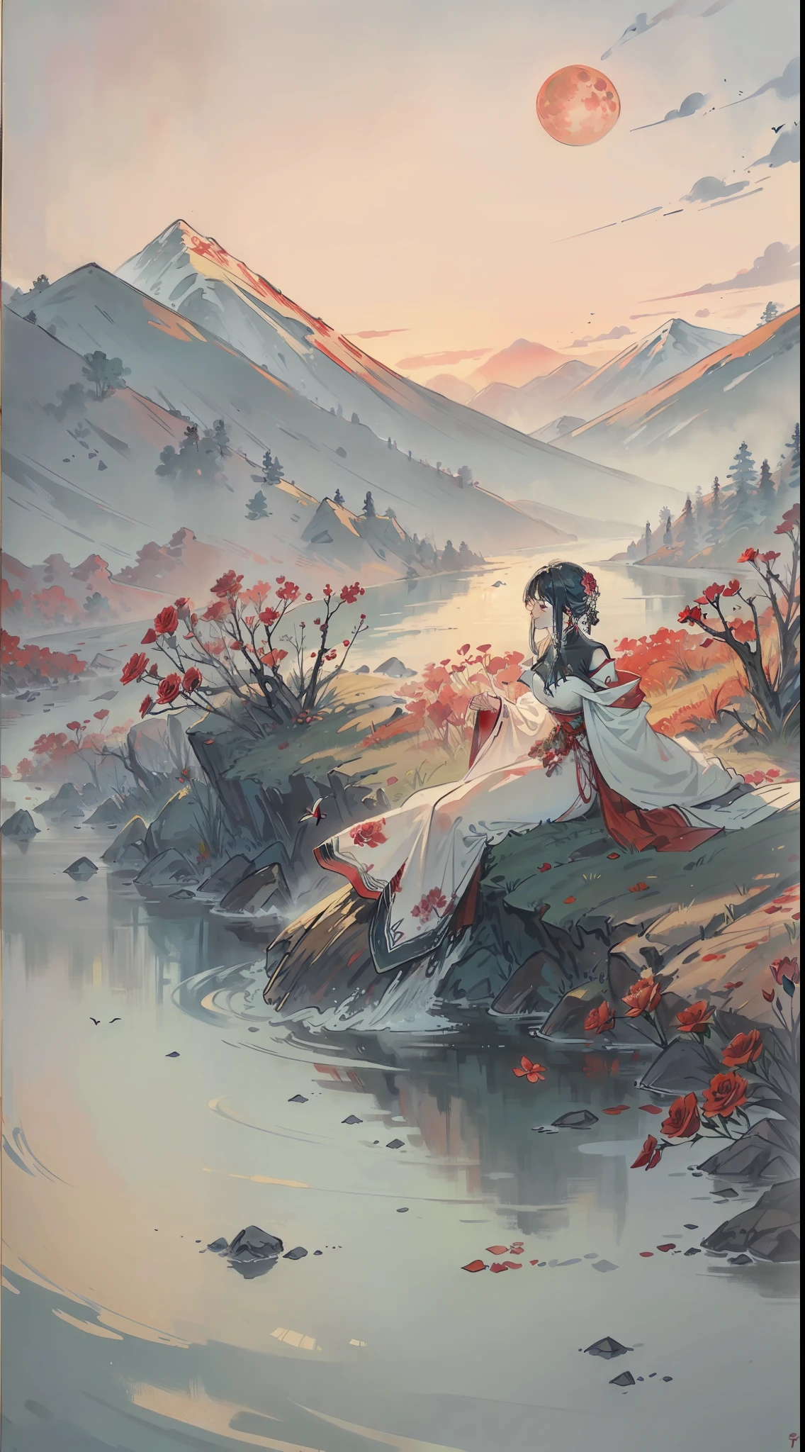A painting of flowers and birds, the painting is a lot of roses blooming on the ground, mountains and rivers, woods, hills, a full red moon in the sky, (do not appear in the figure)