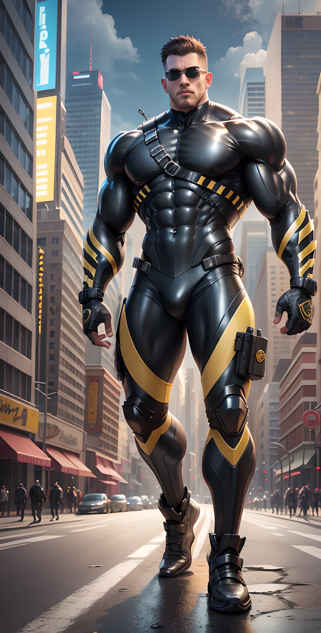 Arad man in black and yellow clothes standing on the city street, muscular male hero, conceptual art like Ernest Khalimov, heroic male pose, muscular! Wearing black sunglasses, round head Buzz Cut, cyberpunk, stealth suit, super buff and cool, high resolution committee, Chris Redfield, Jigachard muscle, Ernest Khalimov body, character design police, black military boots, charismatic strong male with armor