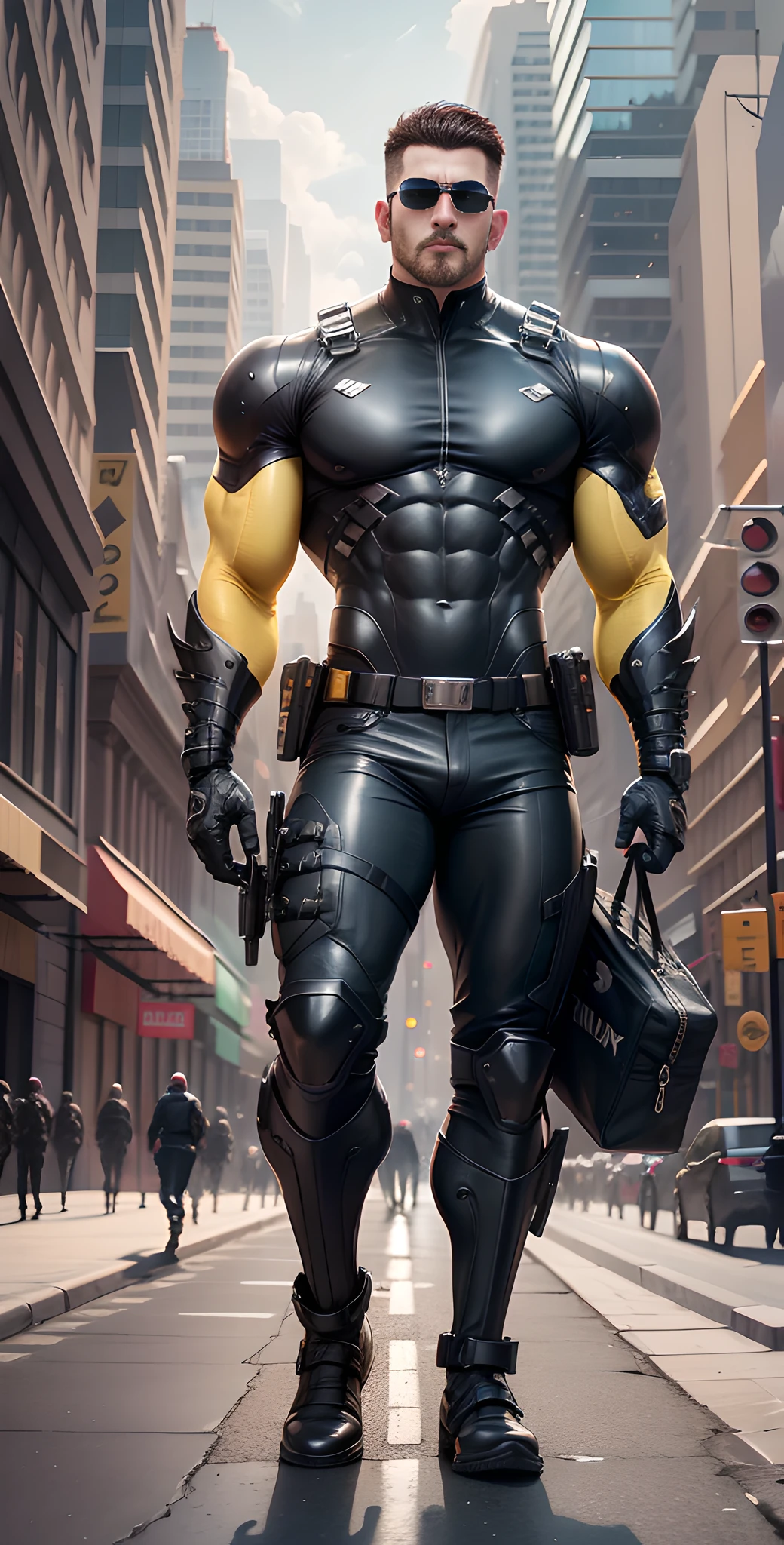 Arad man in black and yellow clothes standing on the city street, muscular male hero, conceptual art like Ernest Khalimov, heroic male pose, muscular! Wearing black sunglasses, round head Buzz Cut, cyberpunk, stealth suit, super buff and cool, high resolution committee, Chris Redfield, Jigachard muscle, Ernest Khalimov body, character design police, black military boots, charismatic strong male with armor