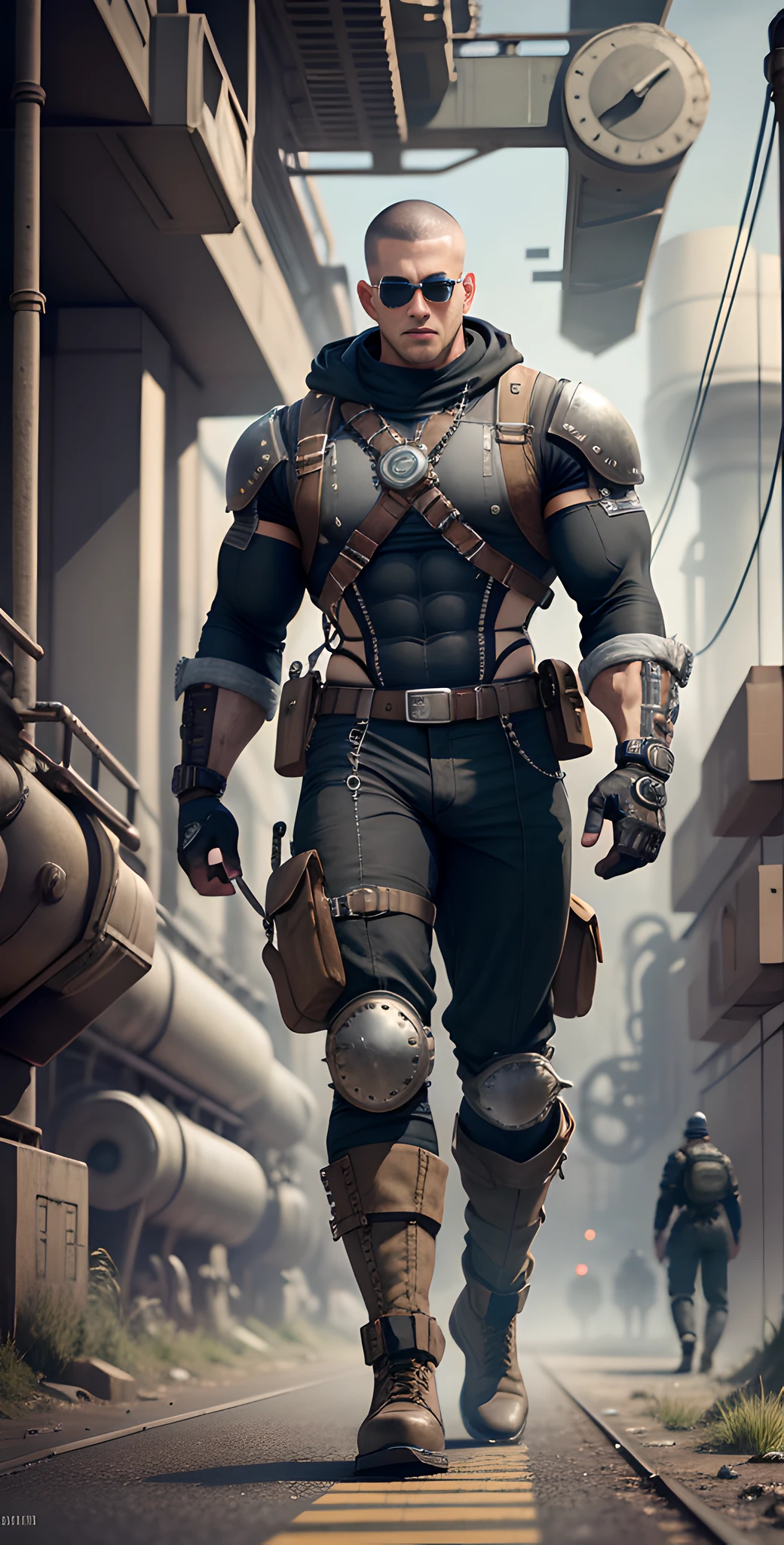 Male in the Heath, tall and burly, black tights, big muscles, big bulge, Buzz cut, black sunglasses, black military boots, buzz cut, steampunk style, steampunk art, complex mechanical devices such as gears, pipes, valves, (huge industrial building: 1.4), gray theme, retro futurism, crazy details, (Fujiflim XT3), 20 megapixels, detailed, cinematic particles,