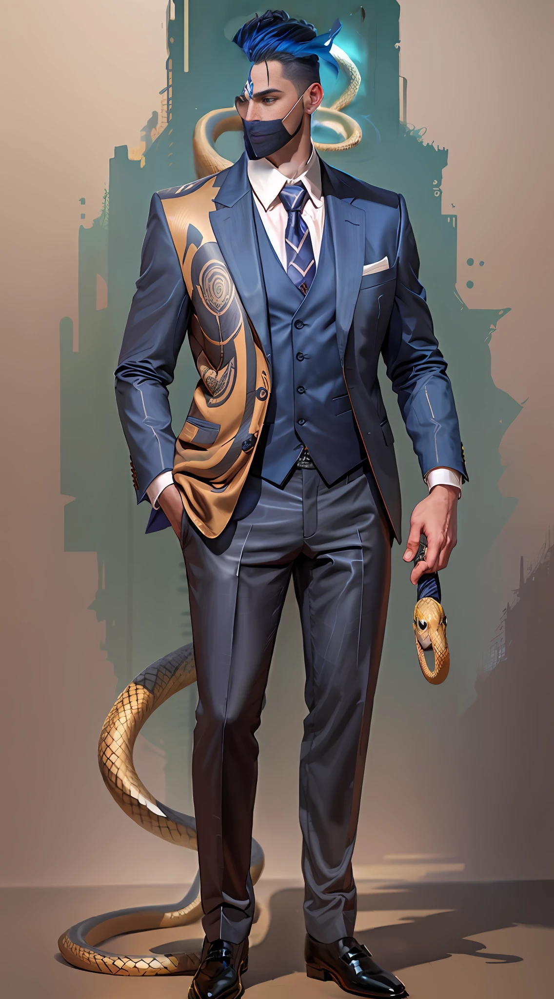 There is a man in a suit and snake head, dragon inspired suit, modern minimalist suit, complex suit, three-piece suit, masculinous glamour haute couture, blue and gold suit, stylish suit, epic elegant portrait, snake man hybrid, stunning digital illustration, his lower body is snake, snake man, wearing a gorgeous suit, snake head