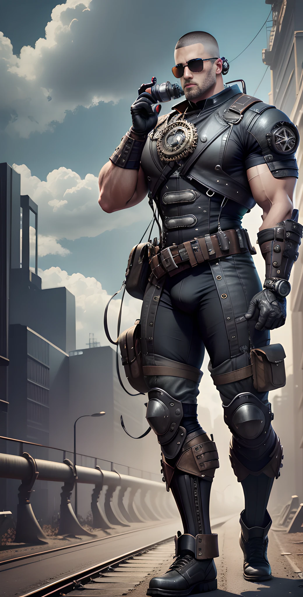 Male in the Heath, tall and burly, black tights, big muscles, big bulge, Buzz cut, black sunglasses, black military boots, buzz cut, steampunk style, steampunk art, complex mechanical devices such as gears, pipes, valves, (huge industrial building: 1.4), gray theme, retro futurism, crazy details, (Fujiflim XT3), 20 megapixels, detailed, cinematic particles,