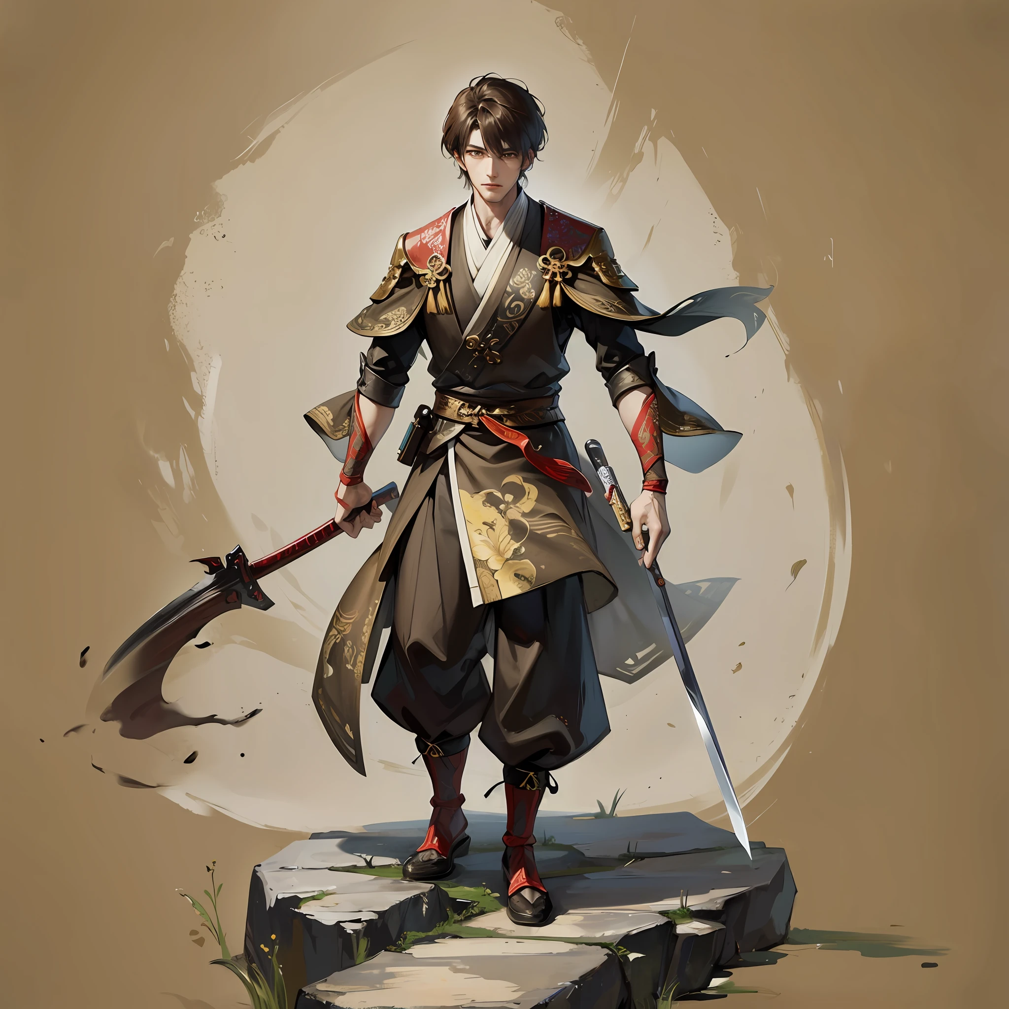 Brown paper texture background, traditional Chinese painting, young handsome swordsman, standing on a rock, ink painting, masterpiece, --auto --s2