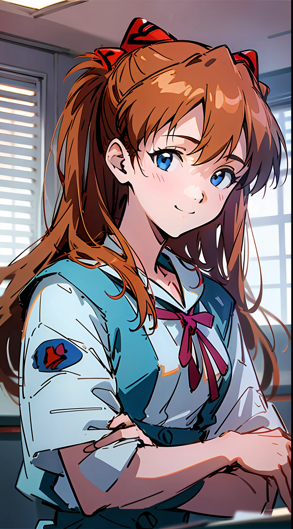 1 girl, Asuka, Evangelion, 8K, best quality, school uniform, classroom, smile