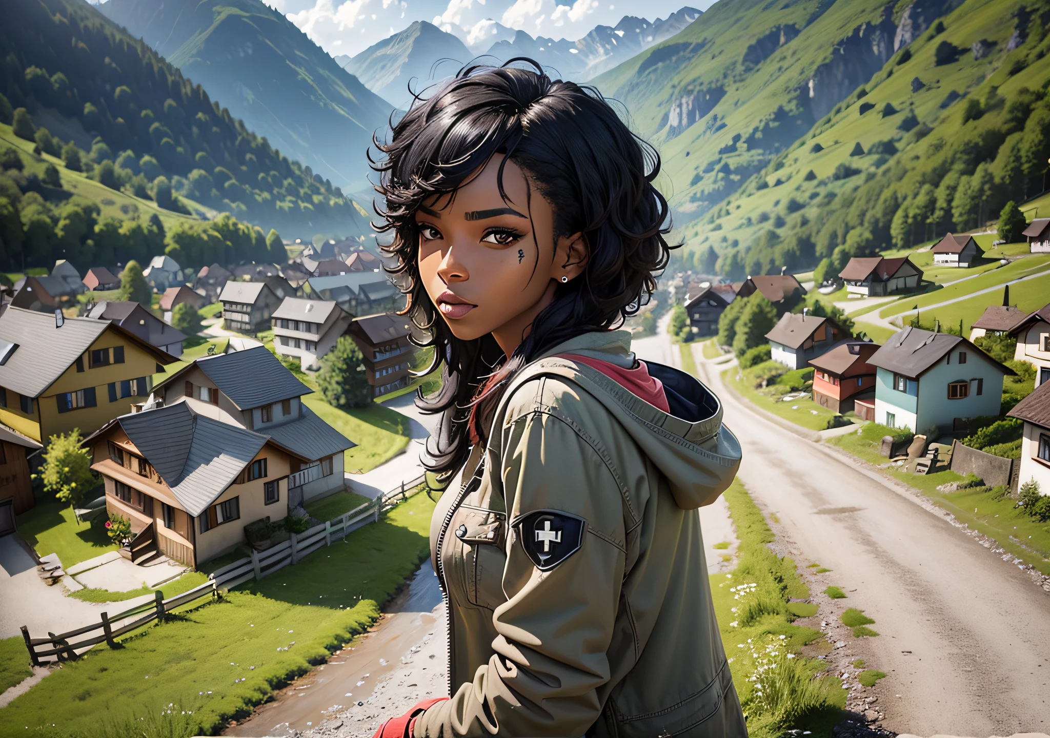 A black woman with piercing eyes and discolored hair walks through a typical Swiss landscape with houses, river and mountain --auto --s2