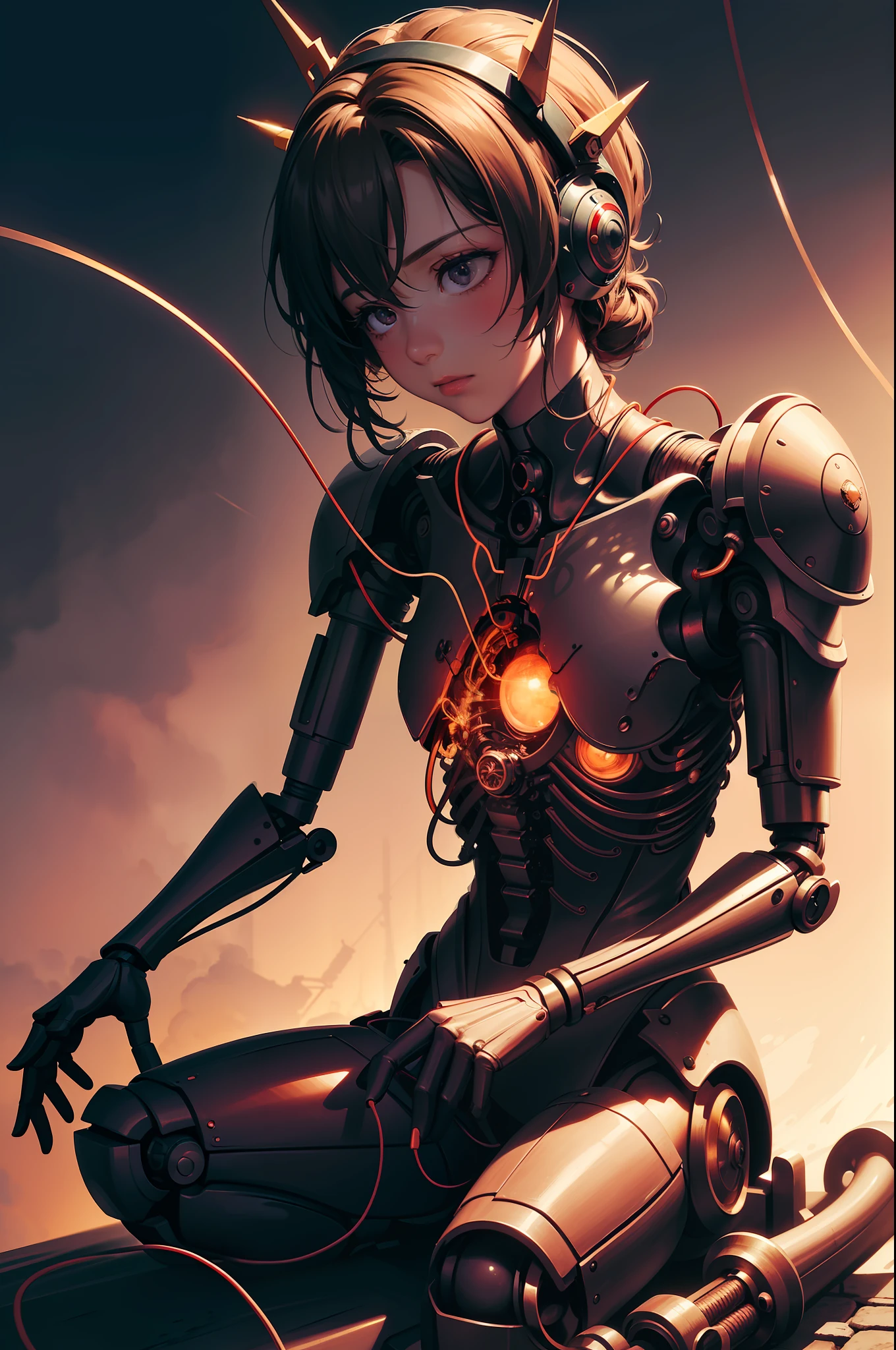 (((Masterpiece)))), ((Highest Quality))))), (((Super Detail))), (High Definition CG Illustration), ((Very Delicate and Beautiful))),(Cute Delicate Face),Cinematic Light,((1Mechanical Girl)),Solo,Whole Body,(Mechanical Joint: 1.4),((Mechanical limb)),(Blood vessel connected to a tube),((Mechanical vertebrae attached to the back)),((Mechanical neck worn on the neck)), (Seated)), Expressionless Meter, Panel, (Wire Cable Attached to Head and Body: 1.5), (Character Focus), Science Fiction