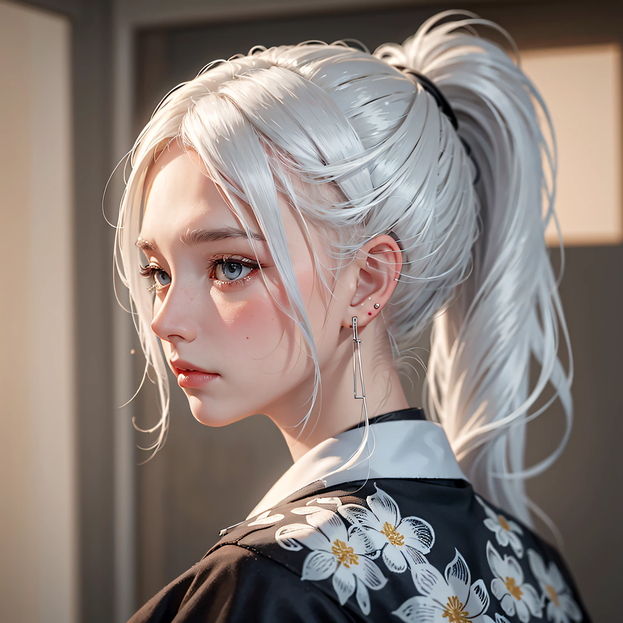 split ponytail, white hair, kanzashi, sad, raised eyebrows, earrings, motion lines, first-person view, UHD, anatomically correct, high details, best quality --auto --s2